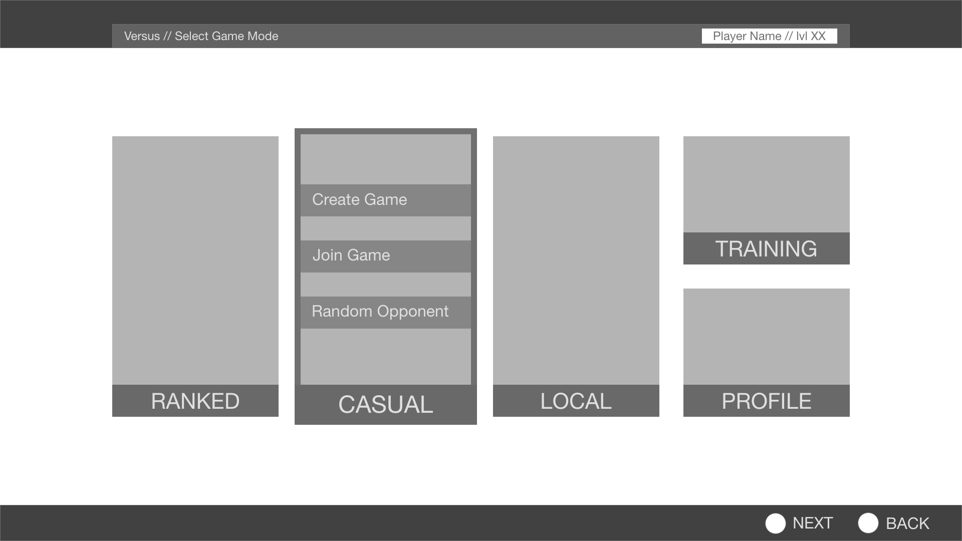 Versus game mode wireframe with Casual game mode screen state