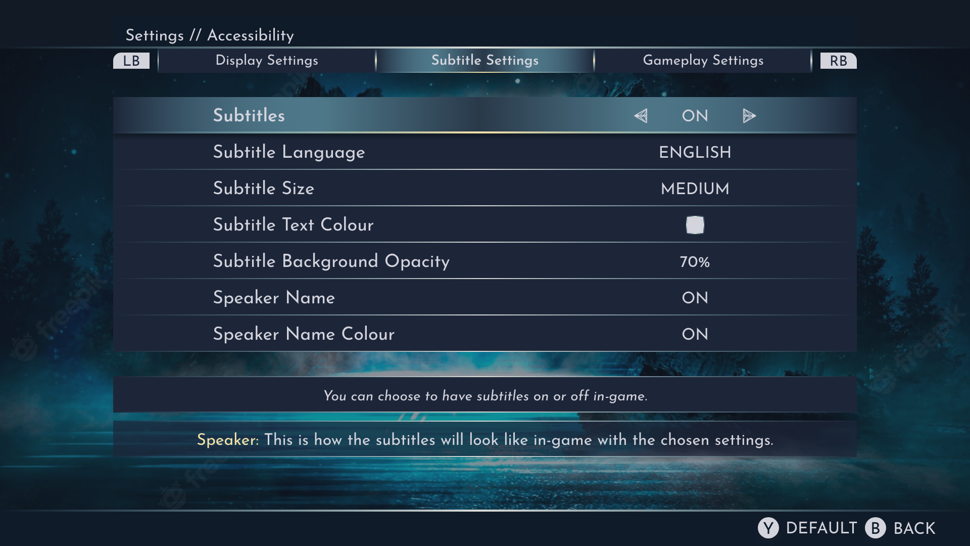Subtitle settings screen