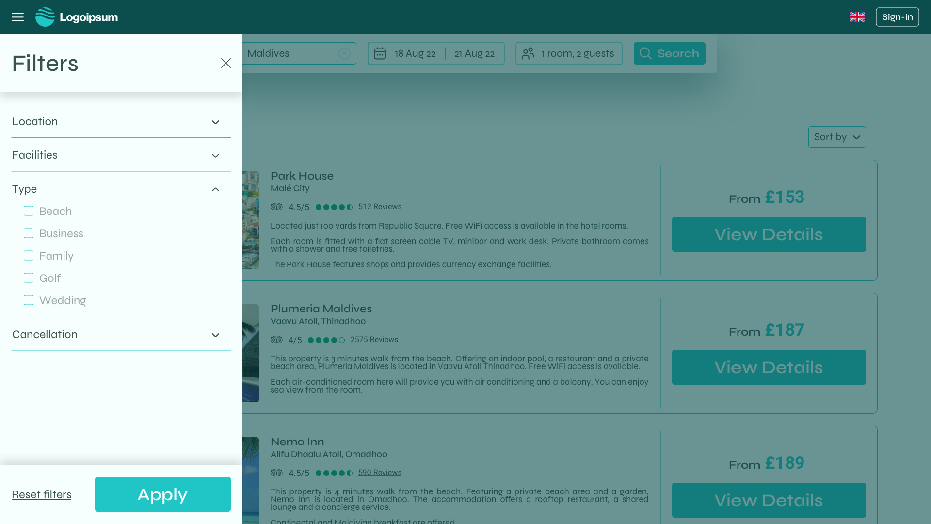 Prototype screen of the filters (hotel results page)