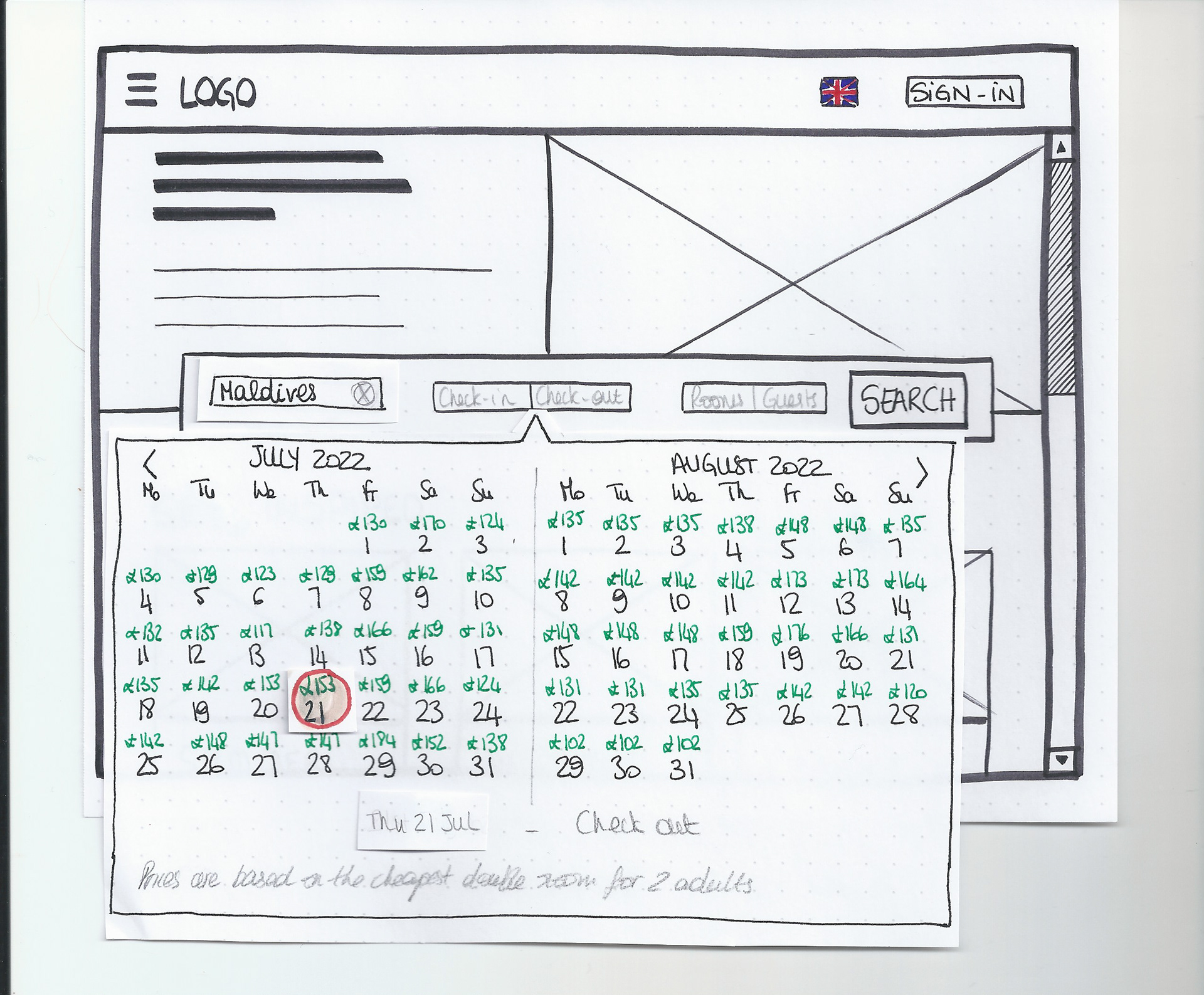 Sketch of the calendar option of the hotel booking website