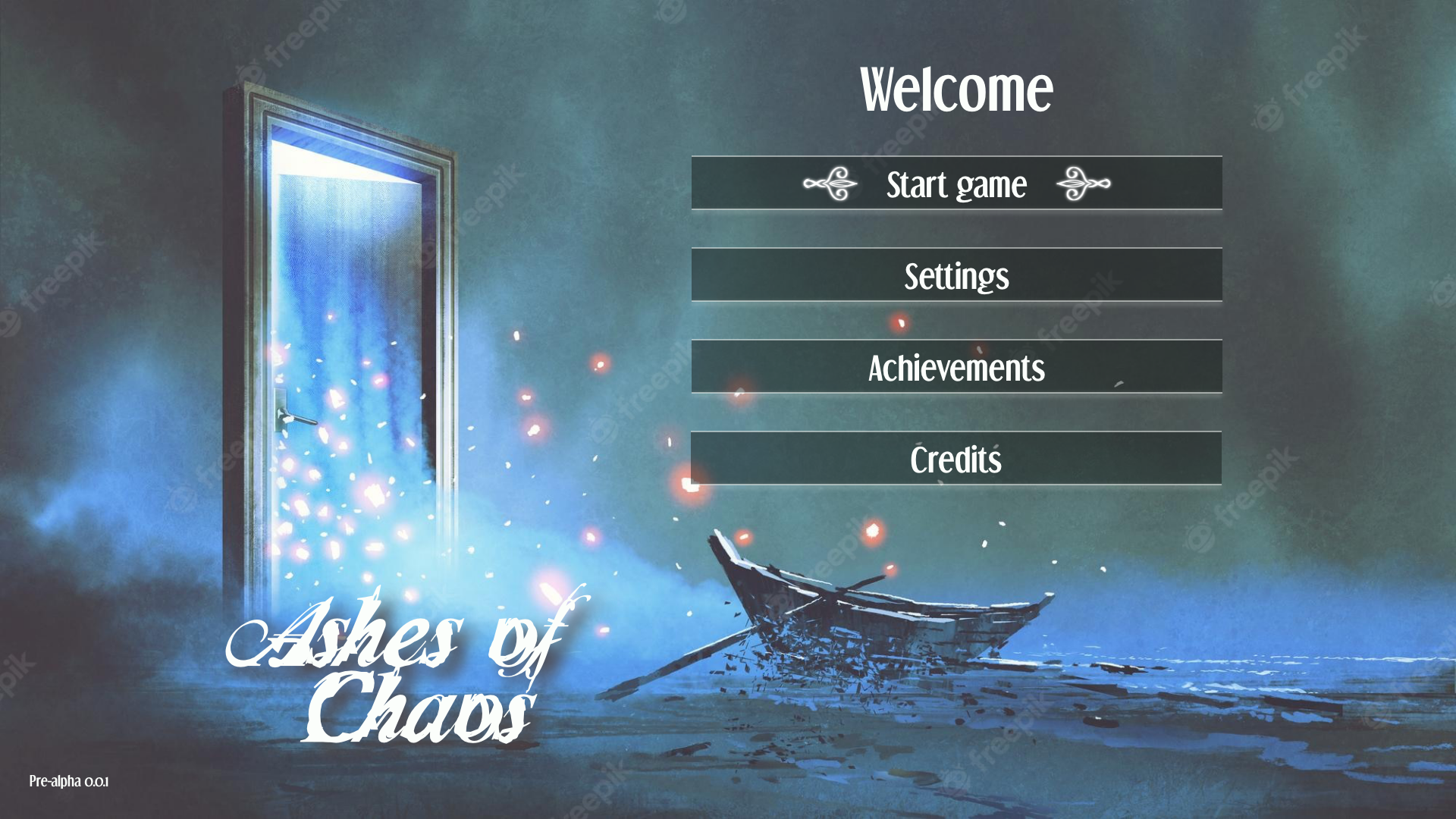 The main menu, which allows to reach different sections, including Starting the game, Settings, Achievements, Credits.