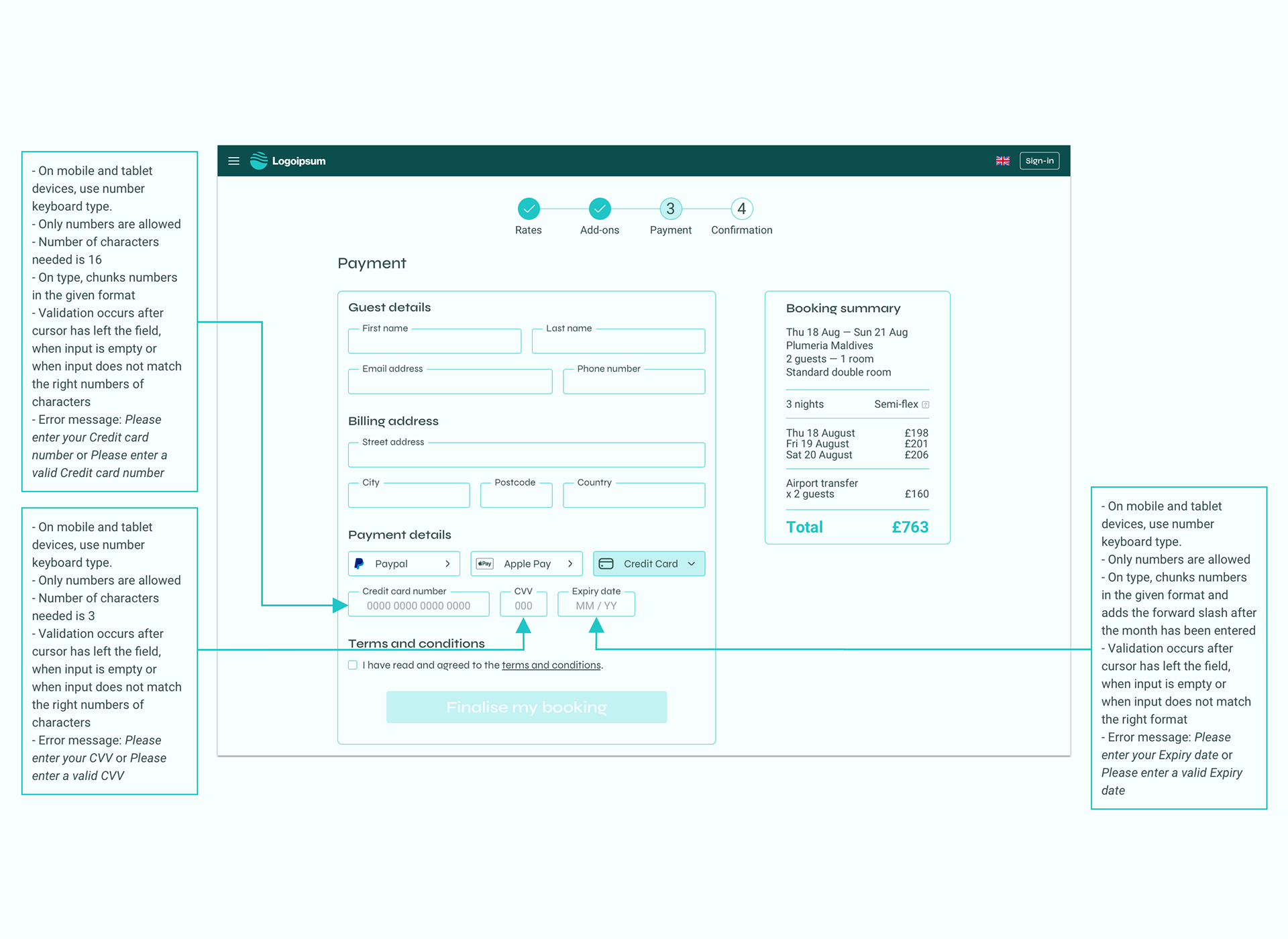Annotations screen for the payments page