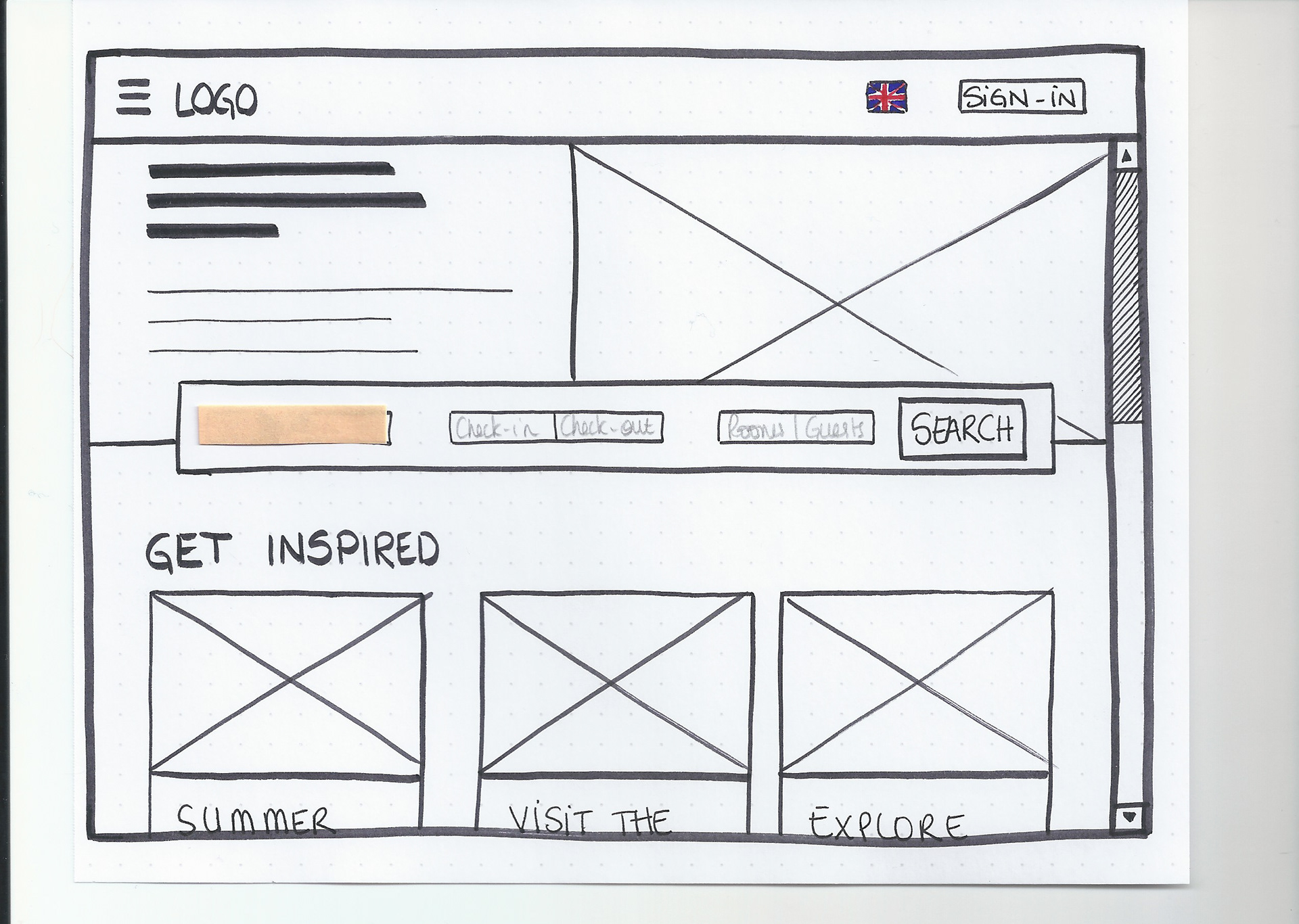 Sketch of the homepage of the hotel booking website