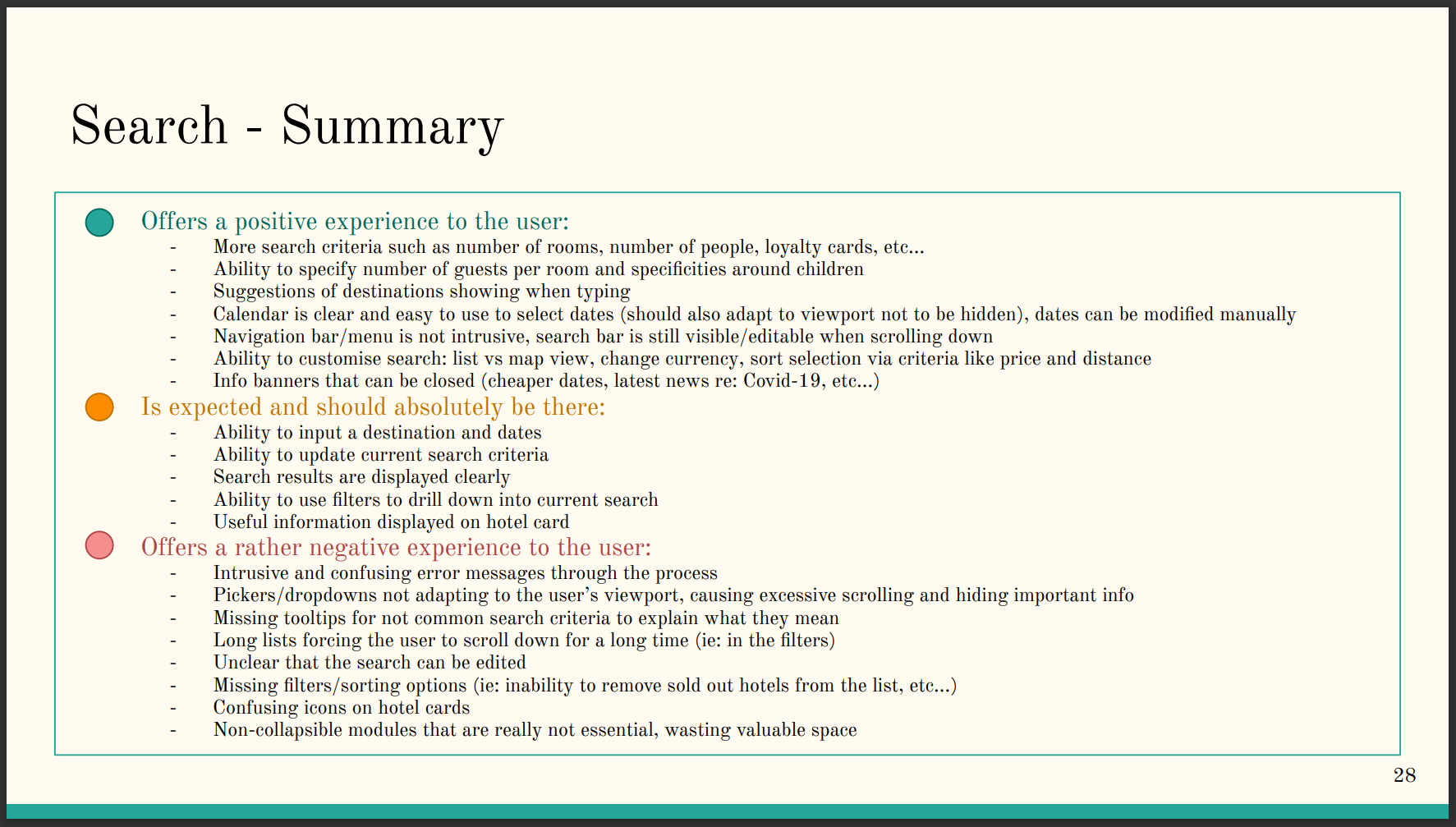 Example of a summary page from my competitive benchmark listing positive experience, expected aspects and negative experience for the Mariott Bonvoy website