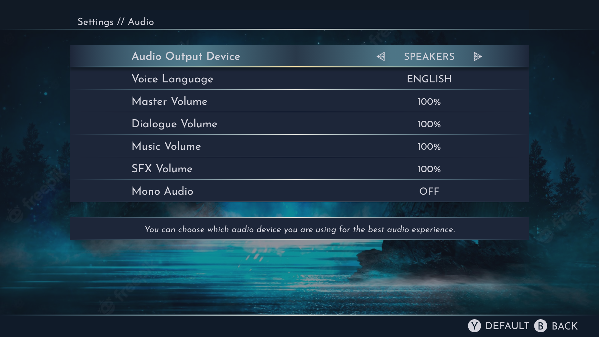 Audio settings screen