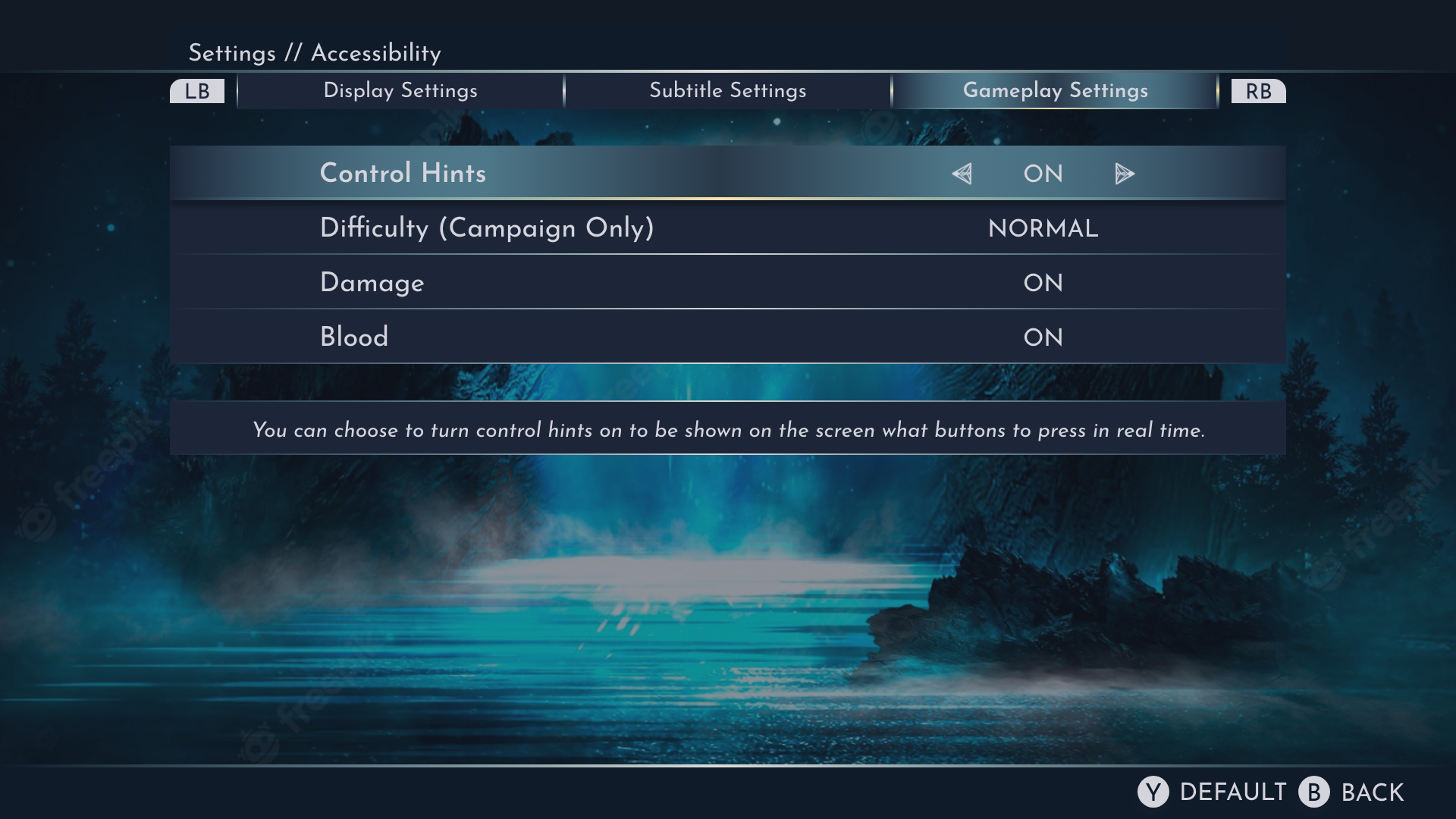 Gameplay settings screen