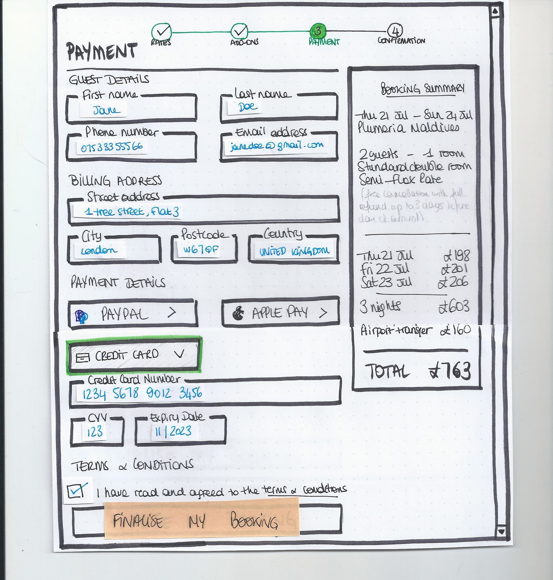Sketch of the payment page of the hotel booking website