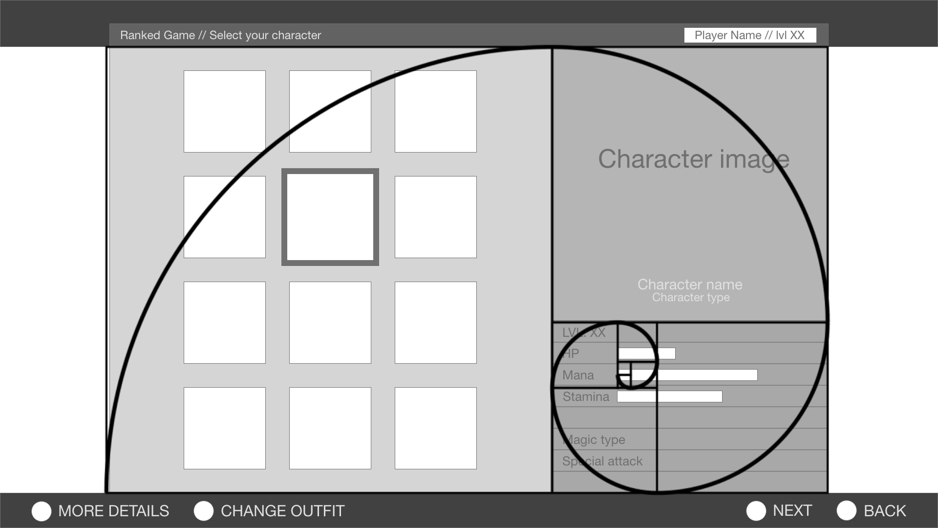 Character picker wireframe with golden spiral