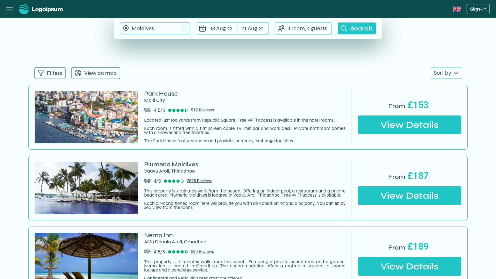 Prototype screen of the hotel results page