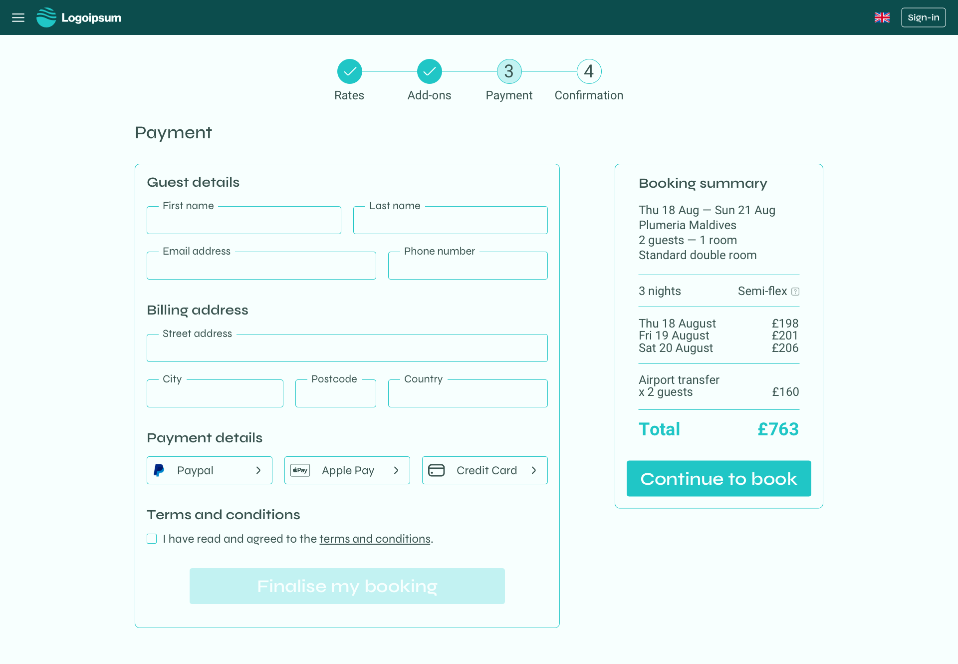 Prototype screen of the payments page