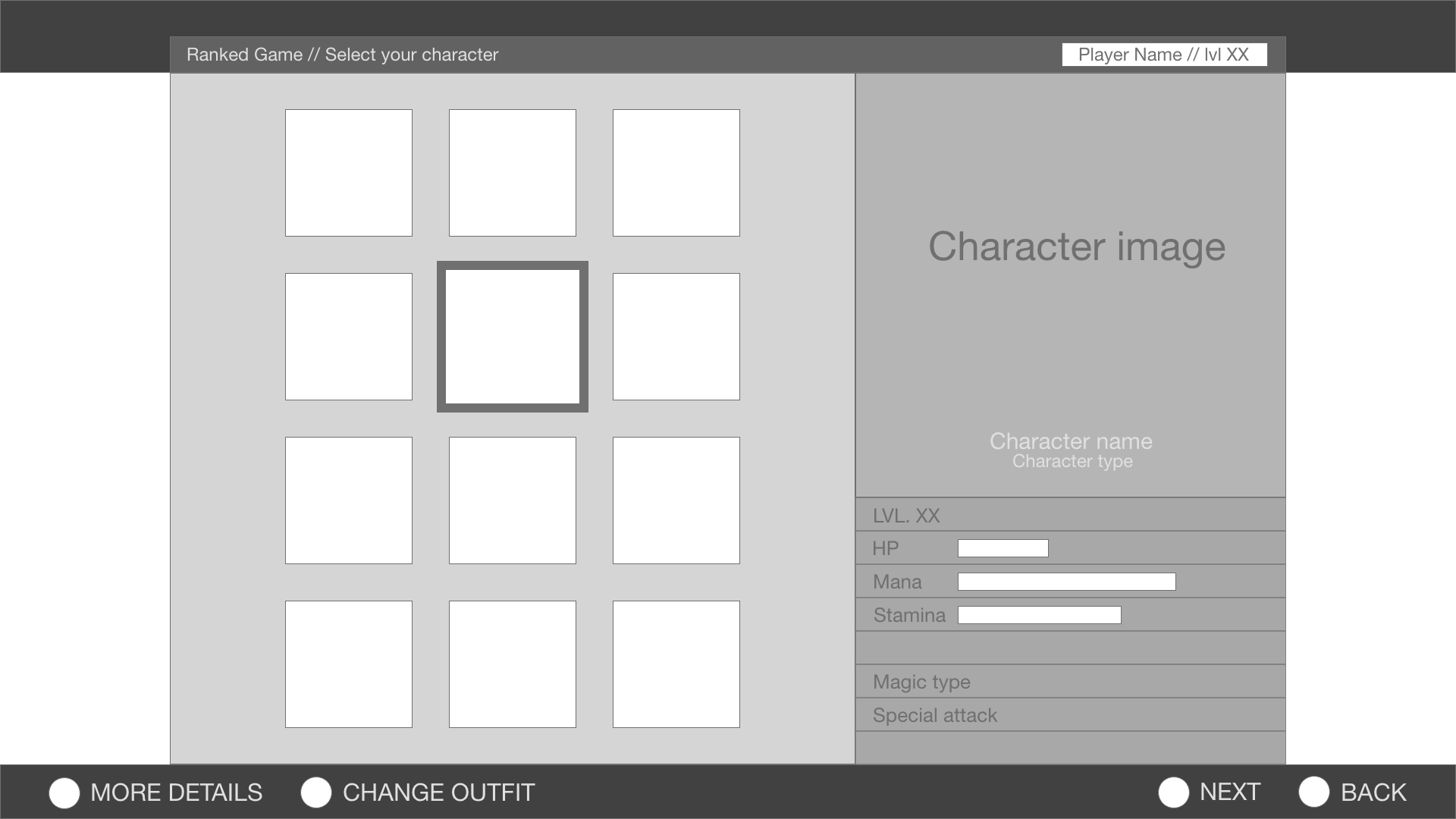Character picker wireframe