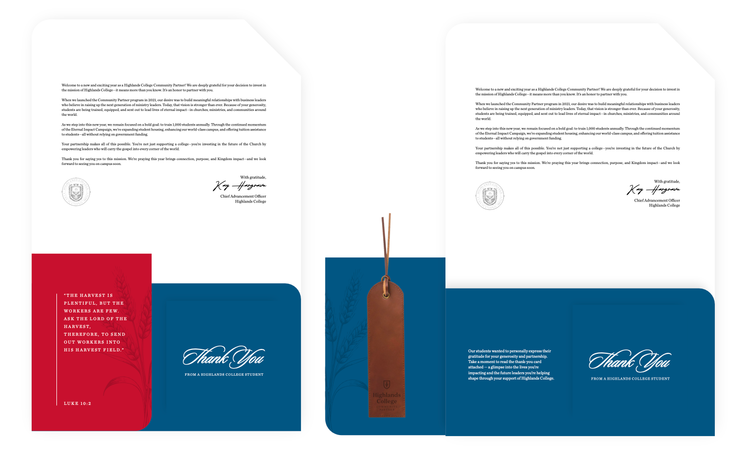 The inside of the folder that included a special note from the advancement team, a thank you card from a student, the college's theme verse, and a leather bookmark.