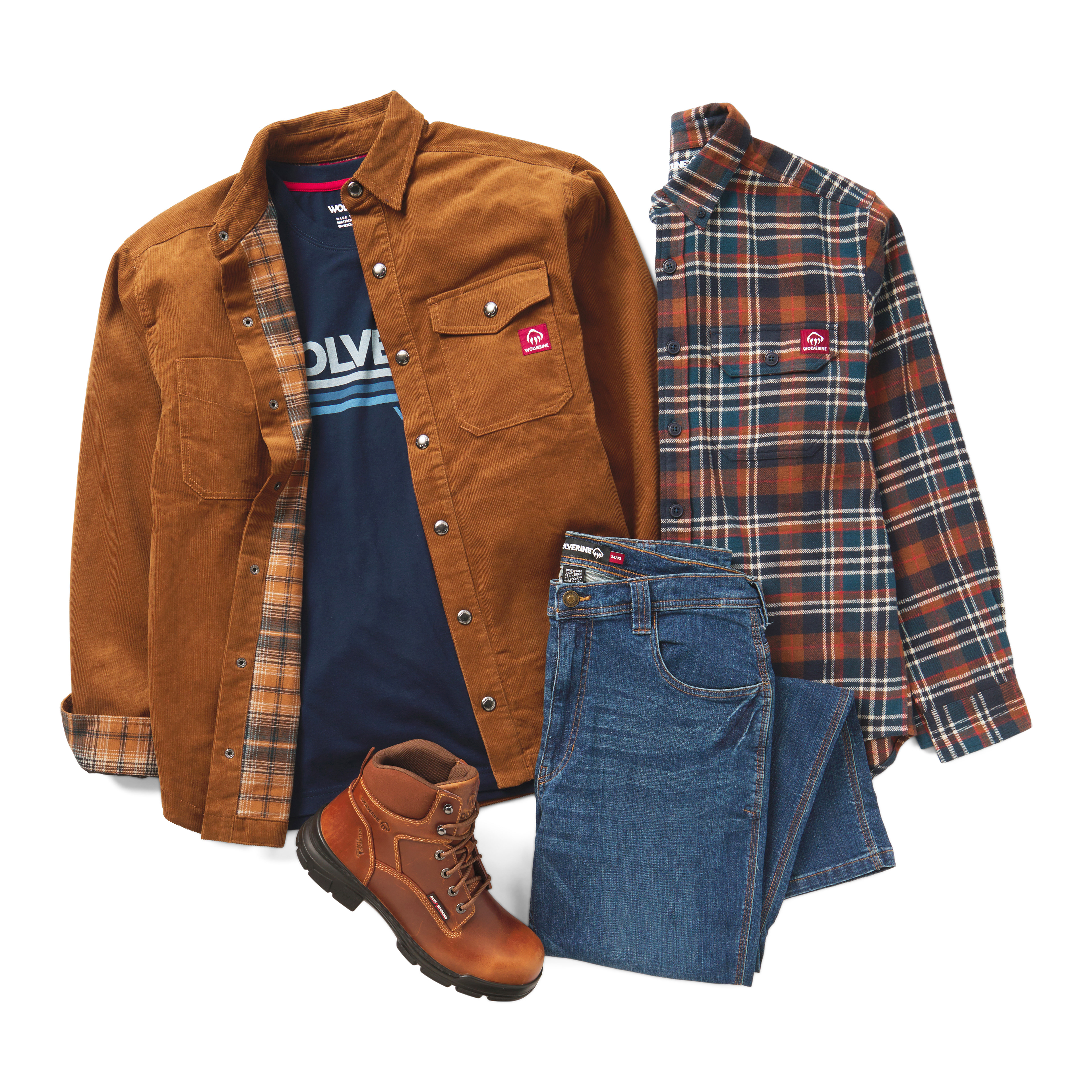 Corduroy Shirt jacket, graphic tee, Glacaier flannel shirt and denim jeans