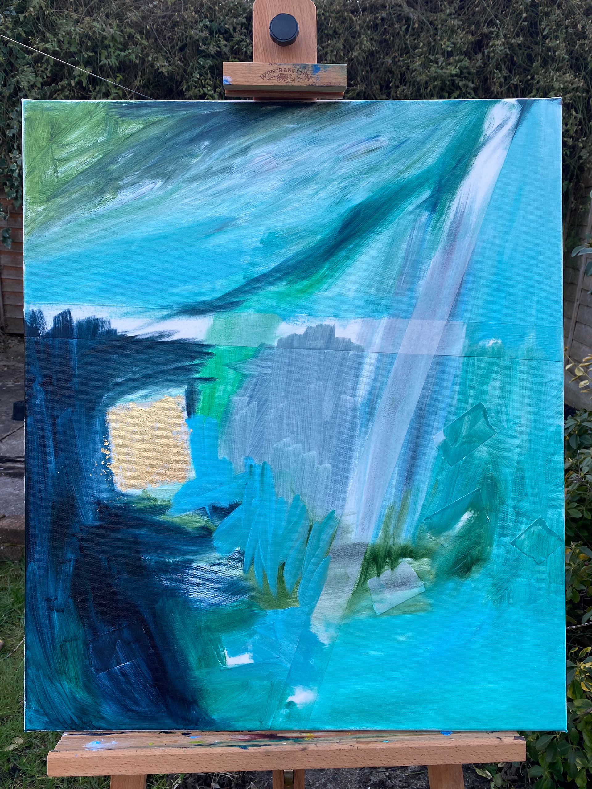 Applied oils and 22ct gold, with masking tape underneath