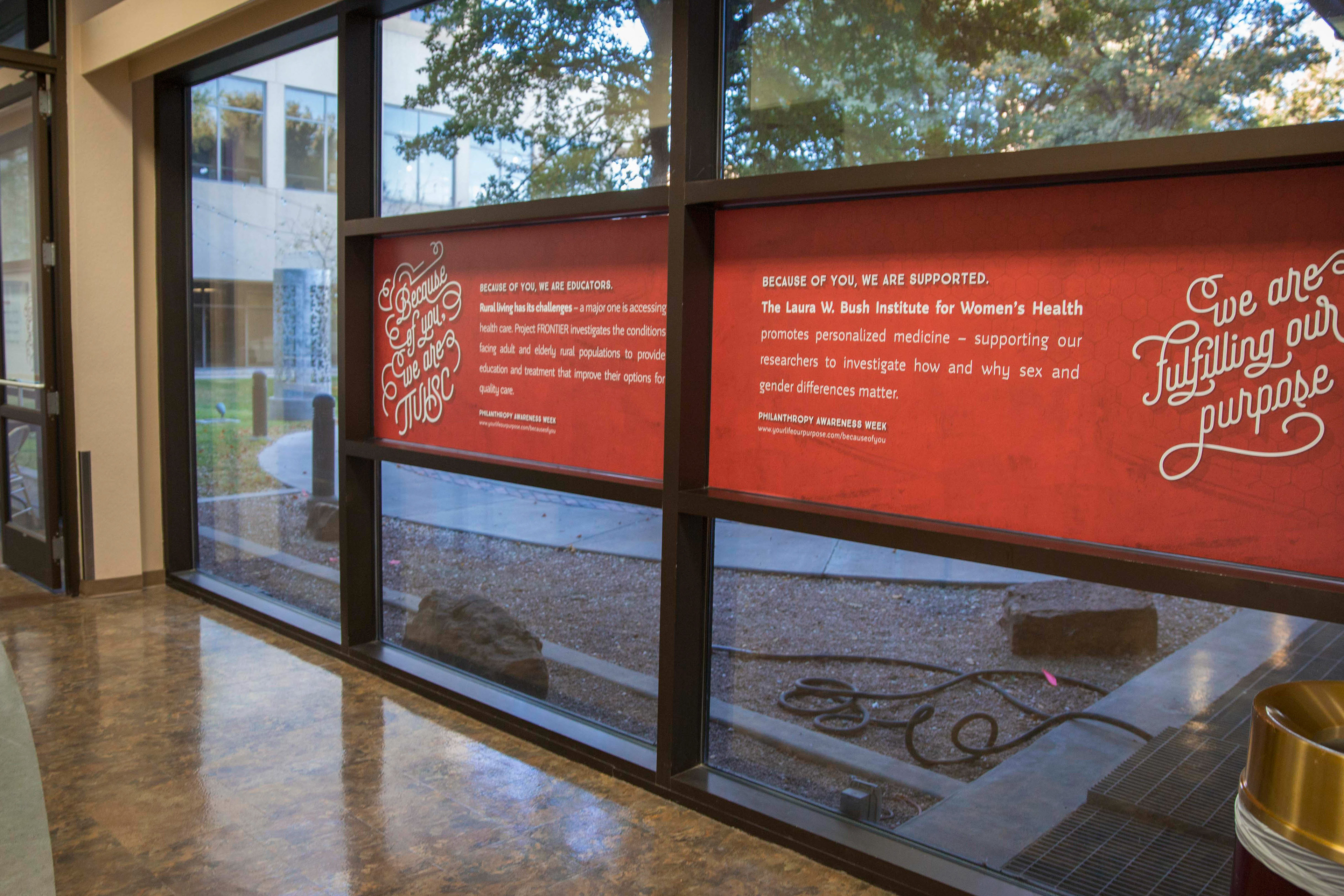 Window wraps through Academic Classroom Building (Lubbock campus) highlighting donor-supported campus initiatives