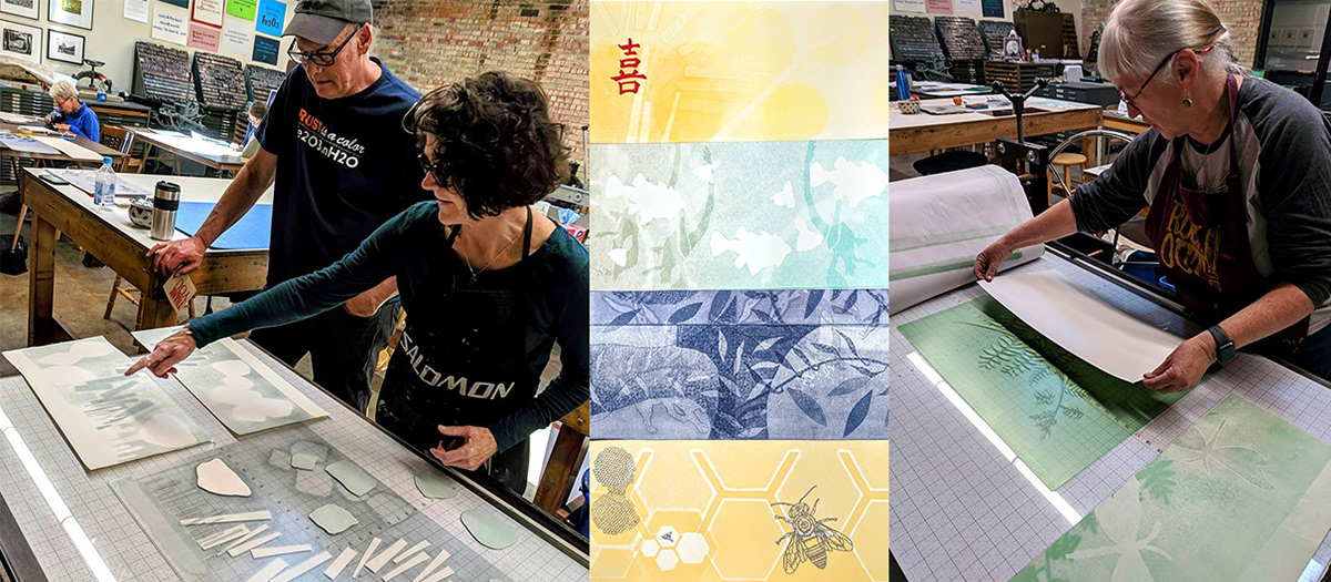 Diffused printmaking sessions with participants in Timothy C. Ely’s Drumleaf Book Building workshop.