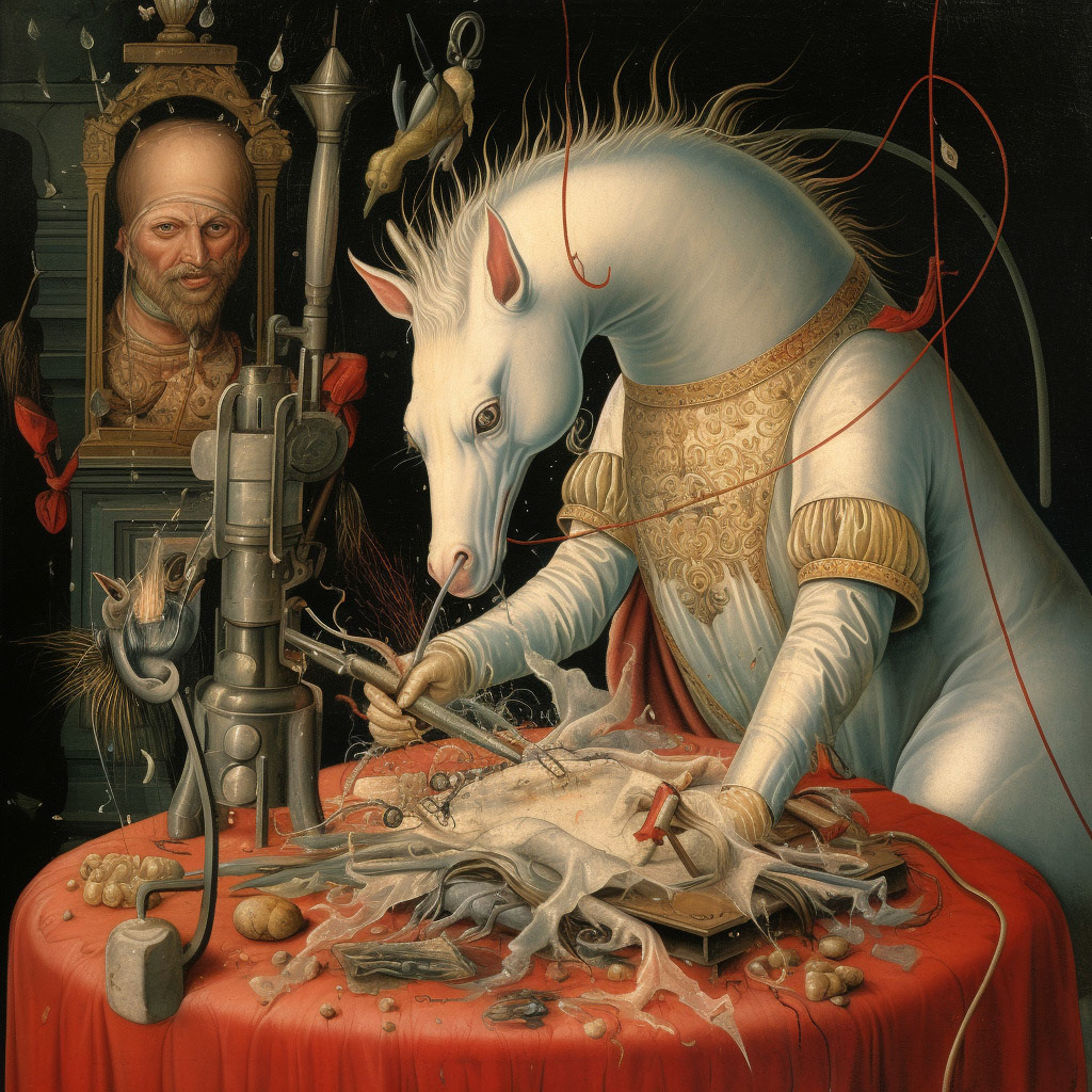 Prompt: a unicorn performing surgery on a seal
