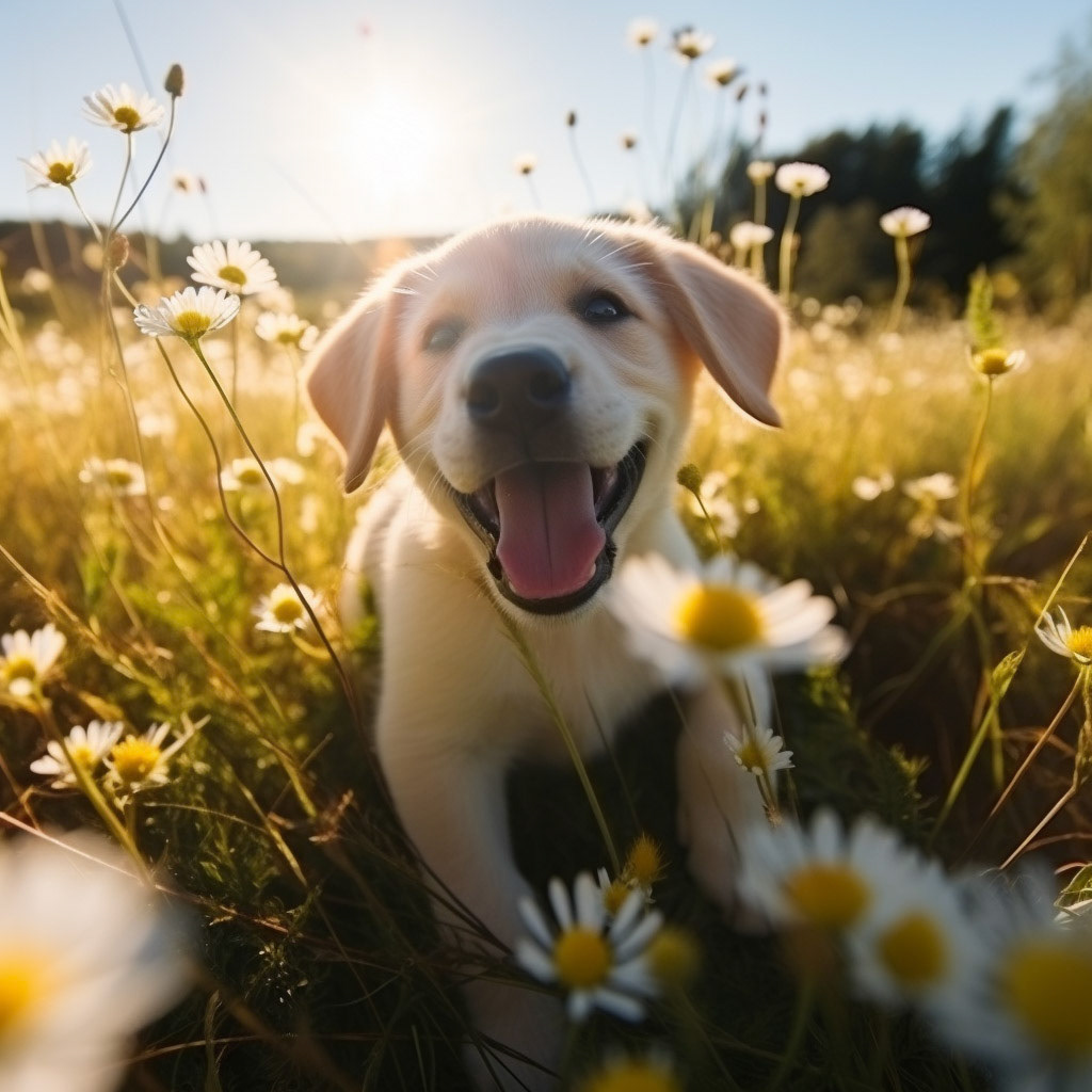 Prompt: a Labrador puppy playing in a sunny meadow