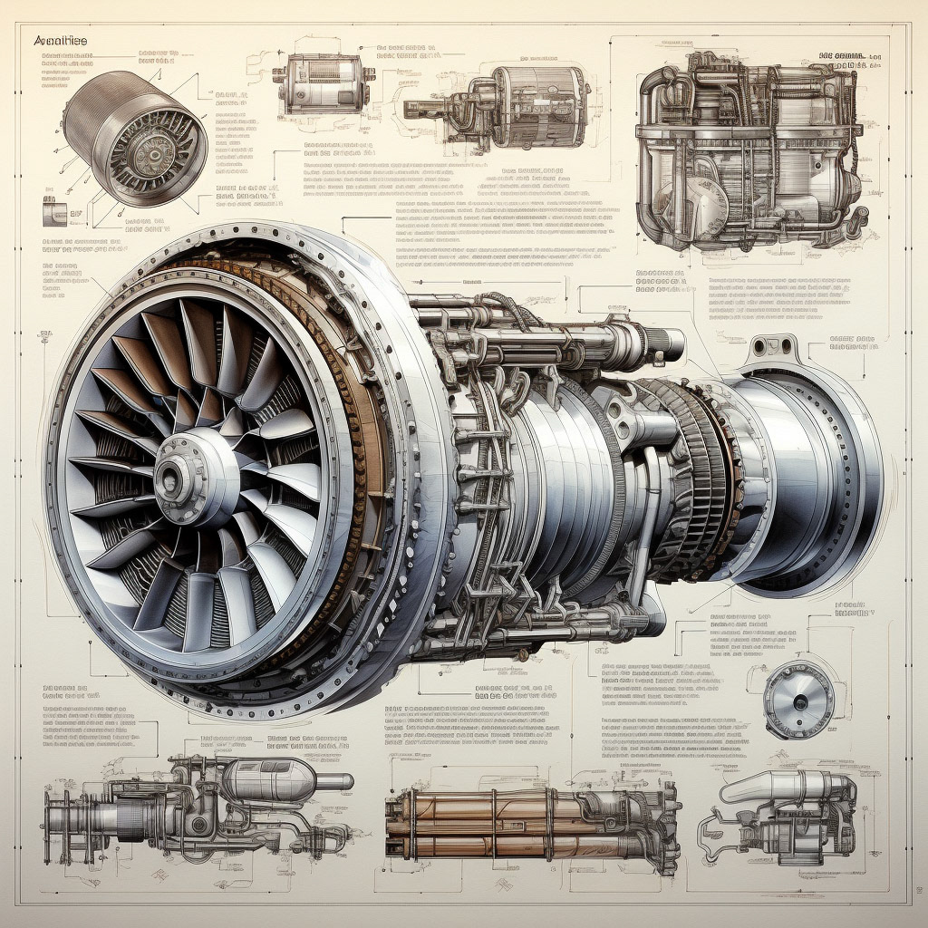 Prompt: detailed technical drawing of aircraft jet engine turbine with labels