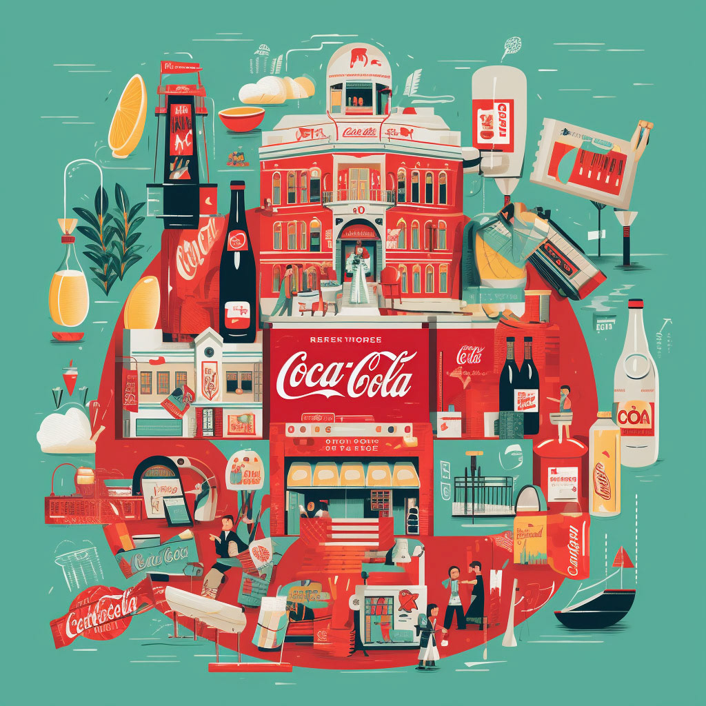 Prompt: illustrated infographic highlighting a go to market strategy for coca cola with labels