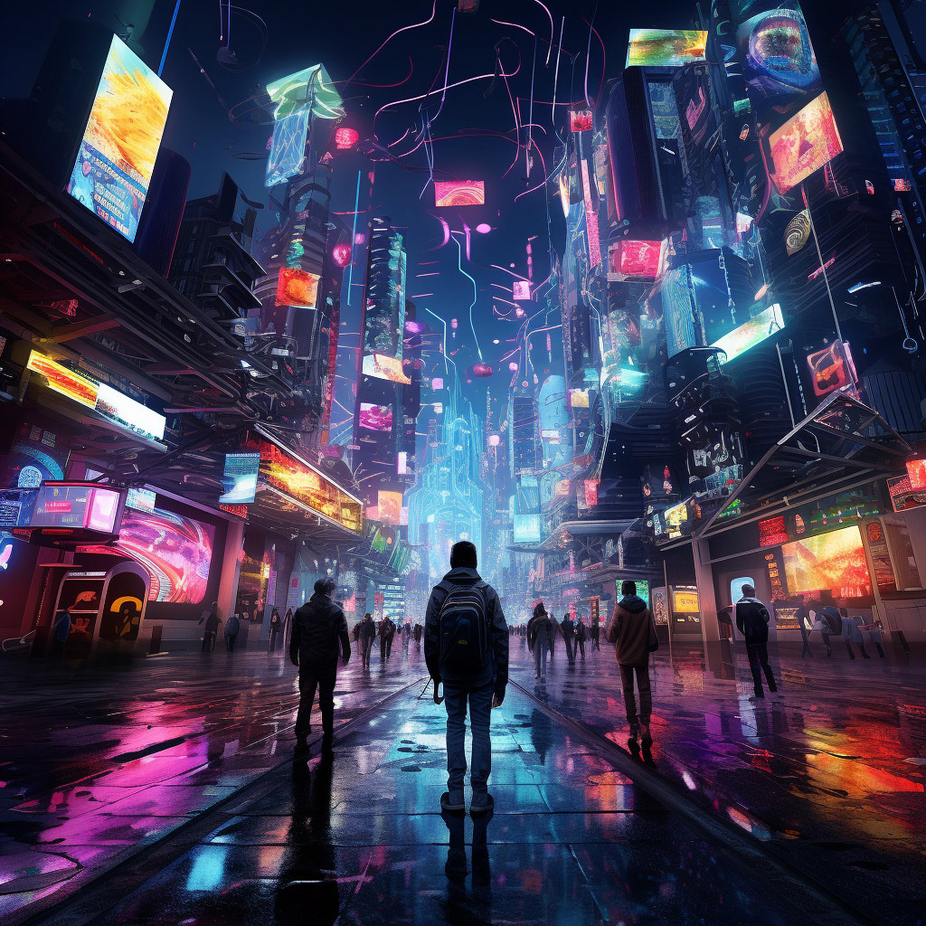 Prompt: Techno Dreams: Generate an hyper-realistic, ultra-detailed, futuristic, cyberpunk-inspired artwork that depicts a virtual reality landscape filled with neon lights, futuristic architecture, and pulsating energy streams.