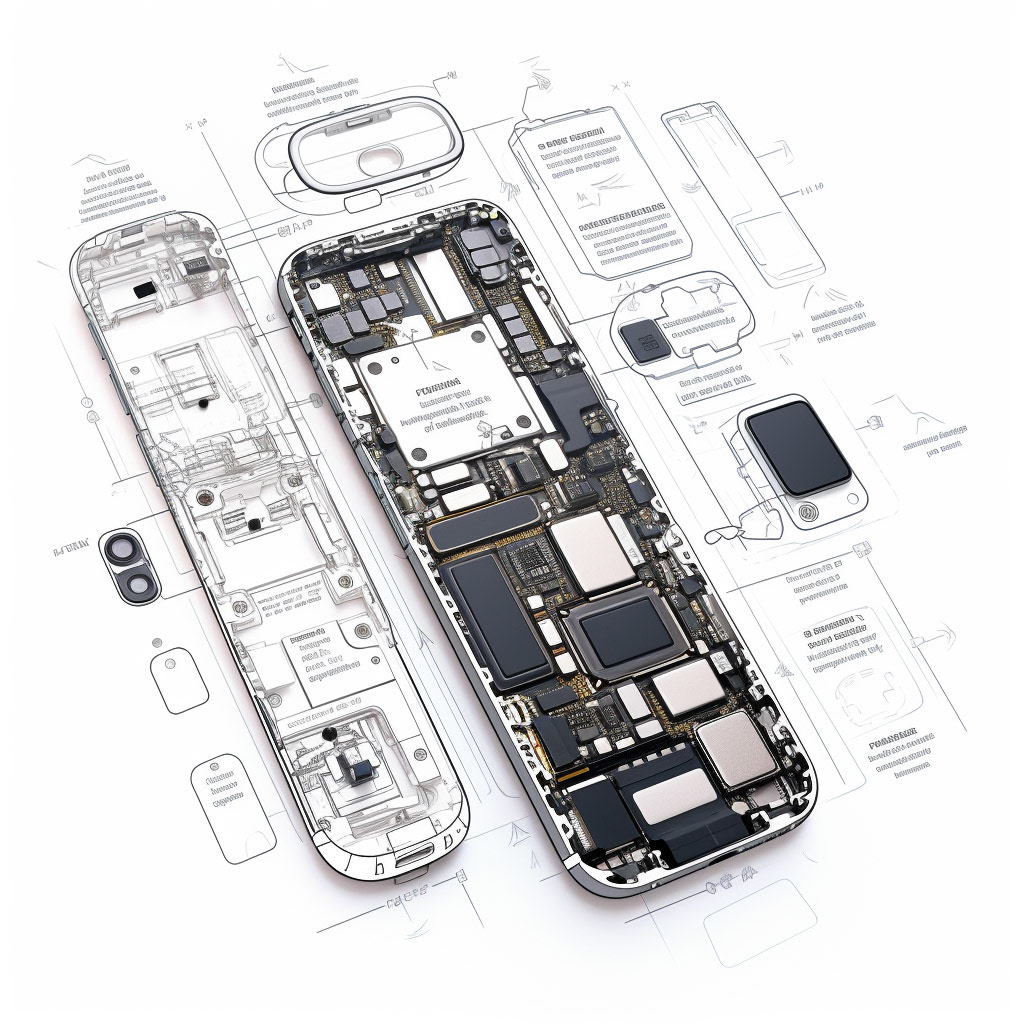 Prompt: technical drawing of internal iPhone components with labels
