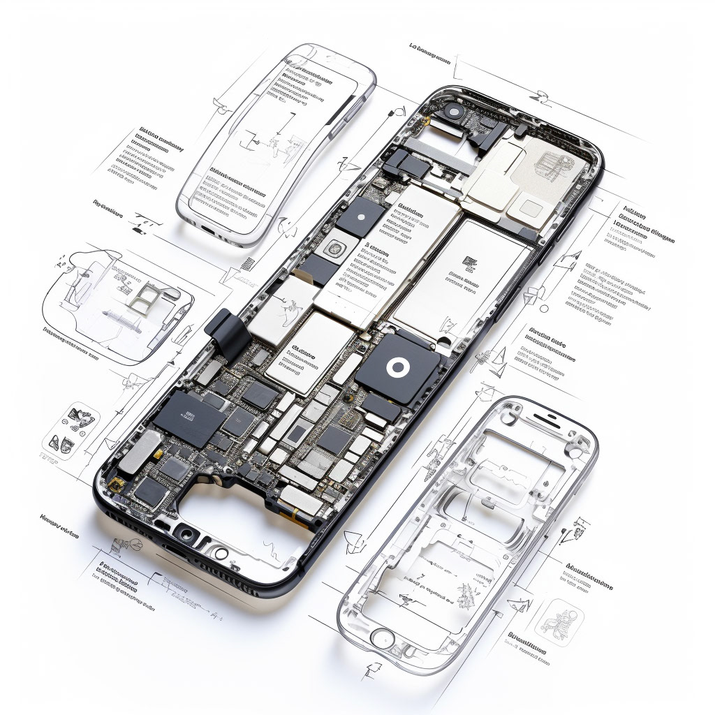 Prompt: technical drawing of internal iPhone components with labels
