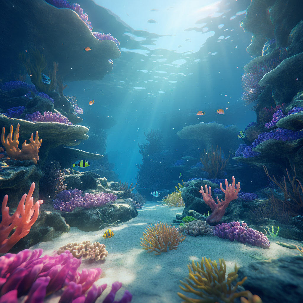Prompt: Oceanic Serenity: Generate a tranquil underwater scene that captures the beauty of marine life. Utilize various algorithms to create schools of fish, coral reefs, and gentle waves that sway with user interaction.