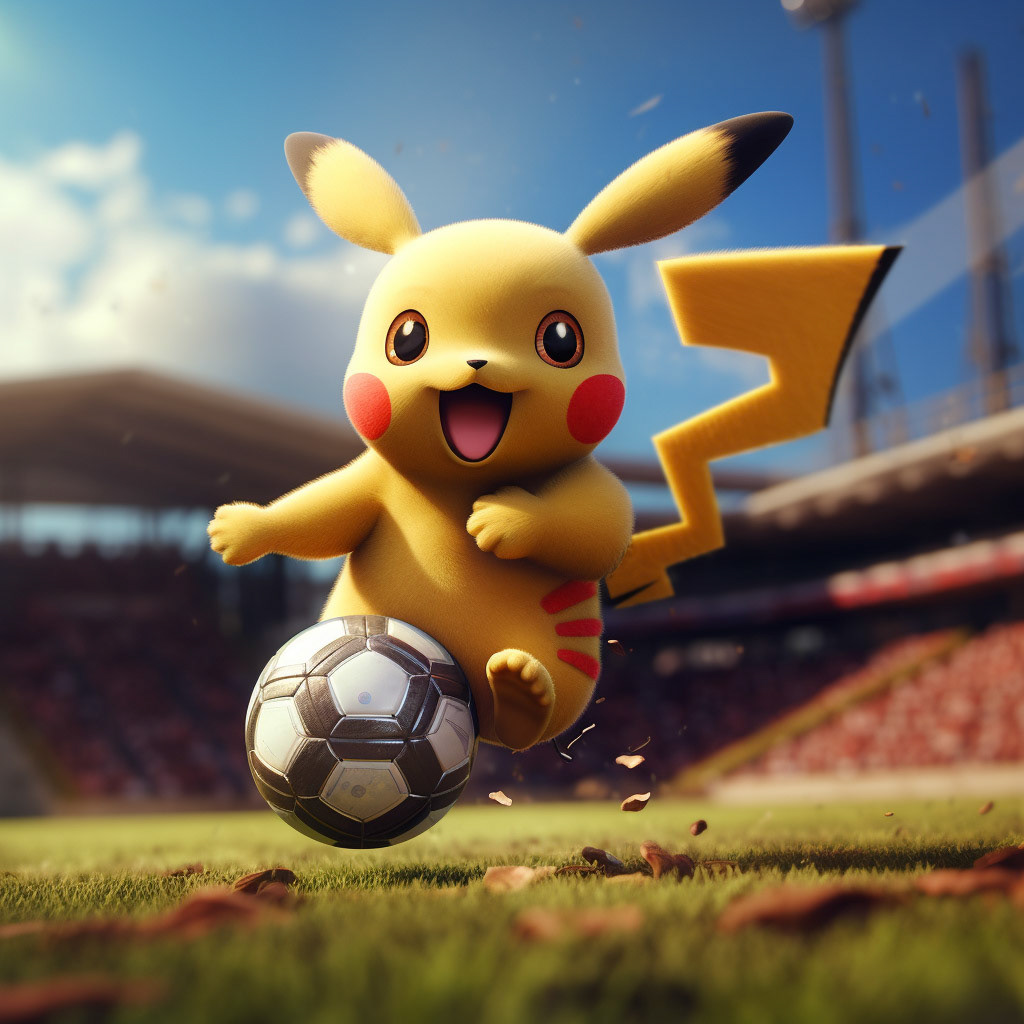 Prompt: picachu playing soccer with other pokemon