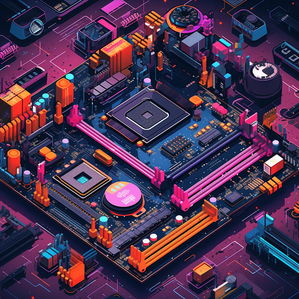 Prompt: detailed infographic illustration showing pc motherboard components