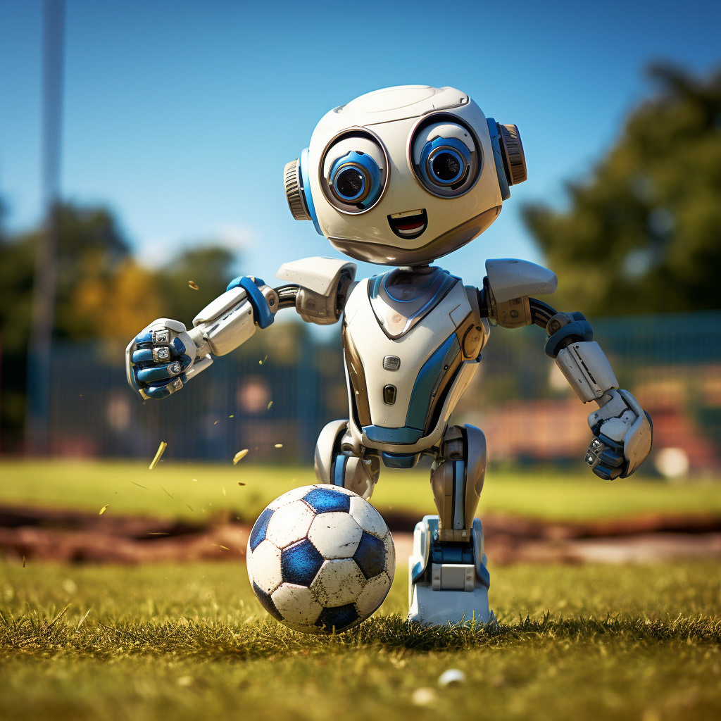 Prompt: a funny robot playing soccer