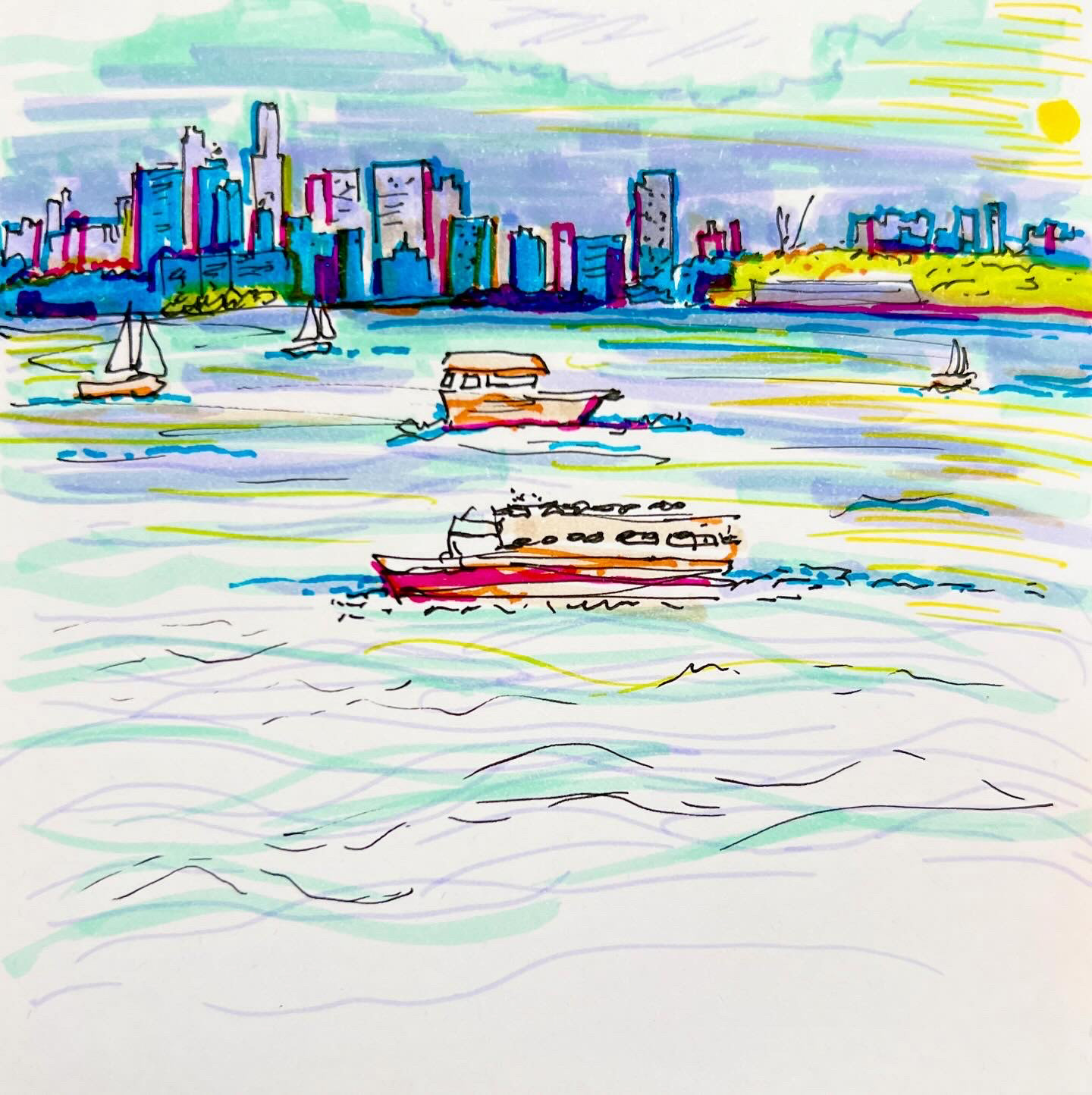 NYC Ferry with Tombow markers and Micron pens
