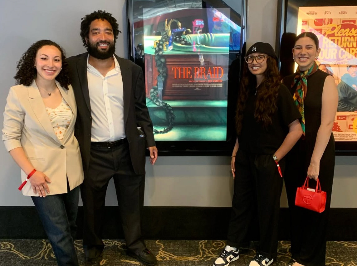 Director and producers with The Braid poster