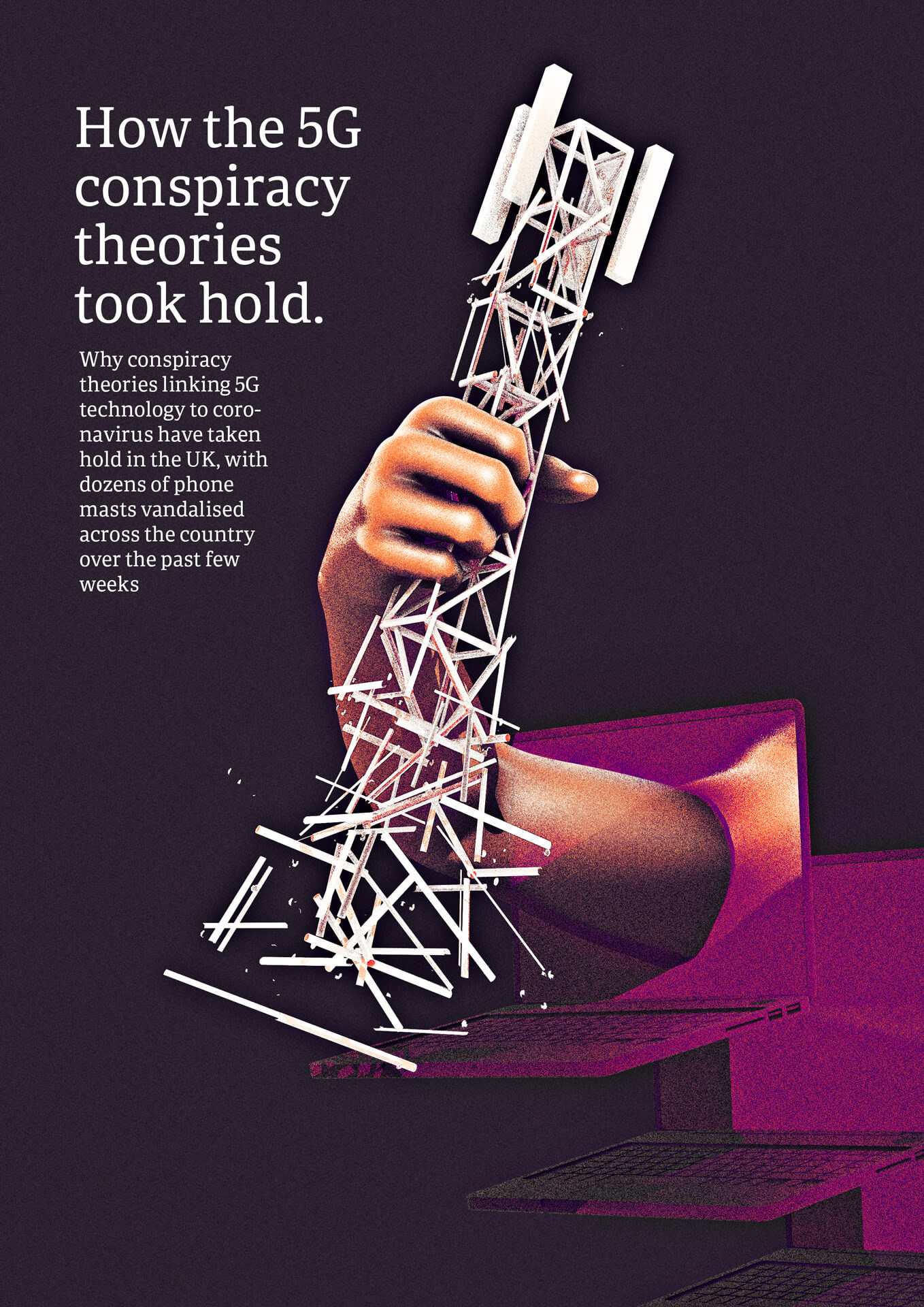 Editorial Illustration about how 5G conspiracies theories took hold during the coronavirus pandemic, by illustrator tom straw