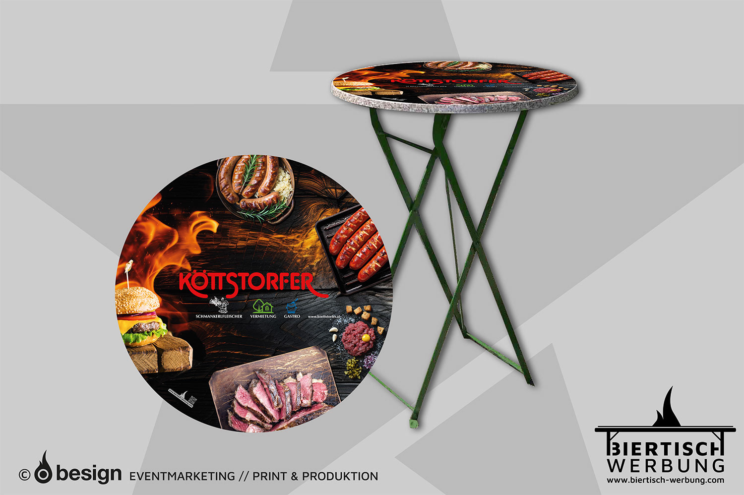 Stehtisch mit bedruckter Auflage, verziert mit Grillmotiven für das Event des Köttstorfer Schmankerlfleischers.