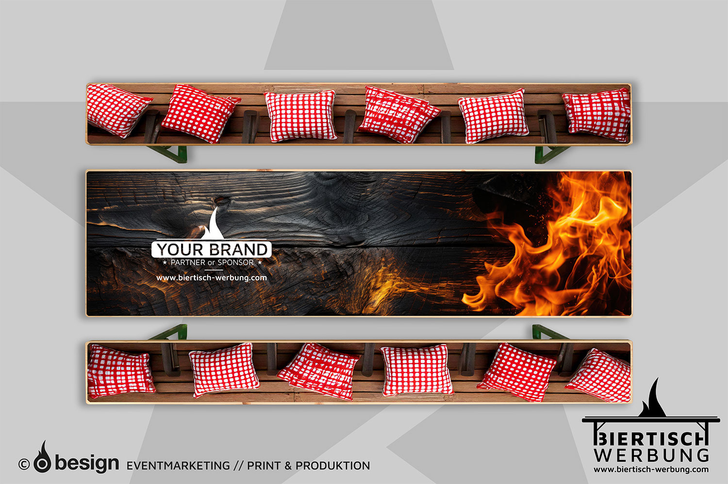 Biertischauflage mit Feuerhintergrund und verbranntem Holzdesign, kombiniert mit Polsteroptik für erhöhten Sitzkomfort.