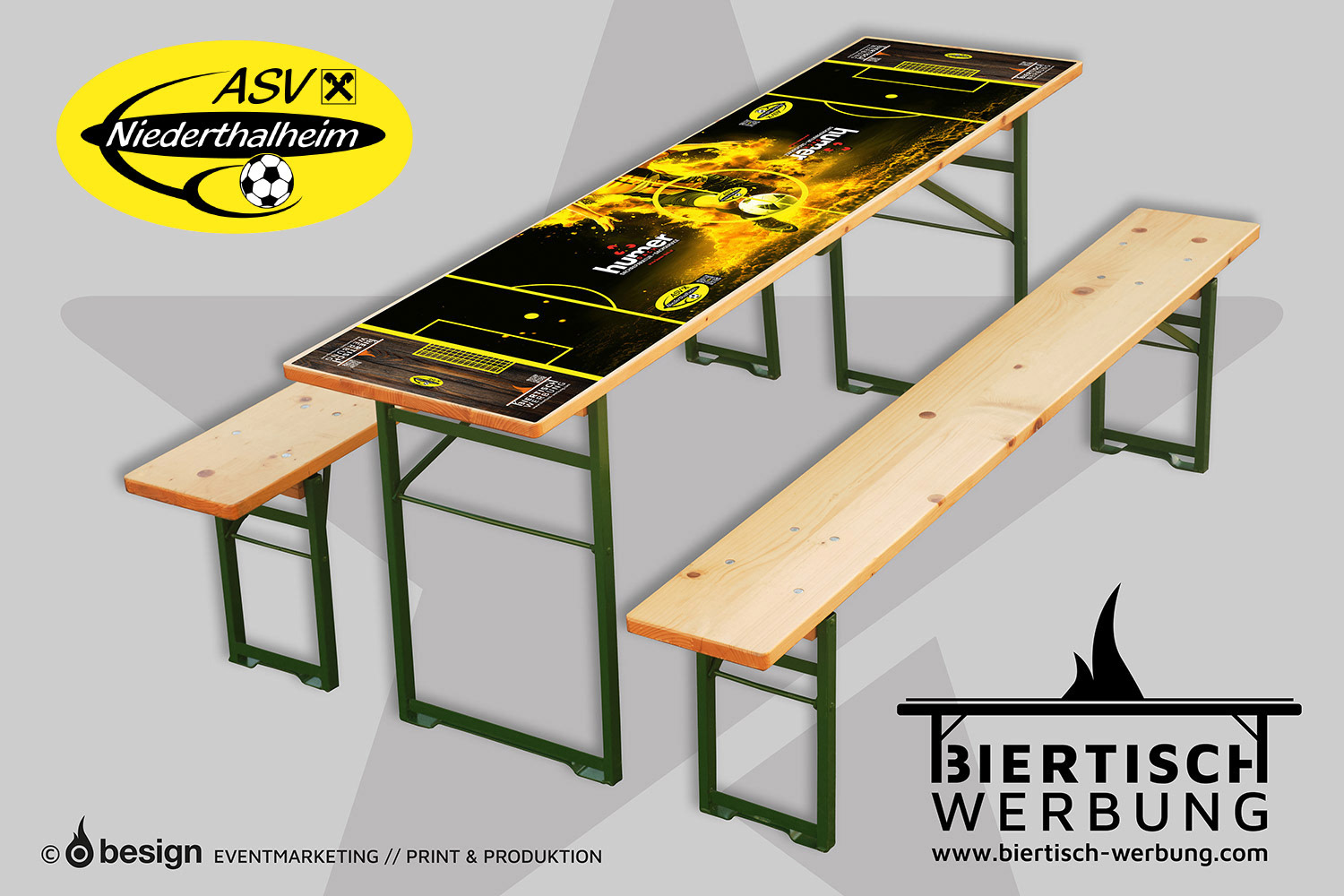 Ansicht der Biertischauflage mit detaillierter Spielfeldgrafik, Vereinsfarben des ASV Niederthalheim und integriertem QR-Code – wetterfest und wiederverwendbar.