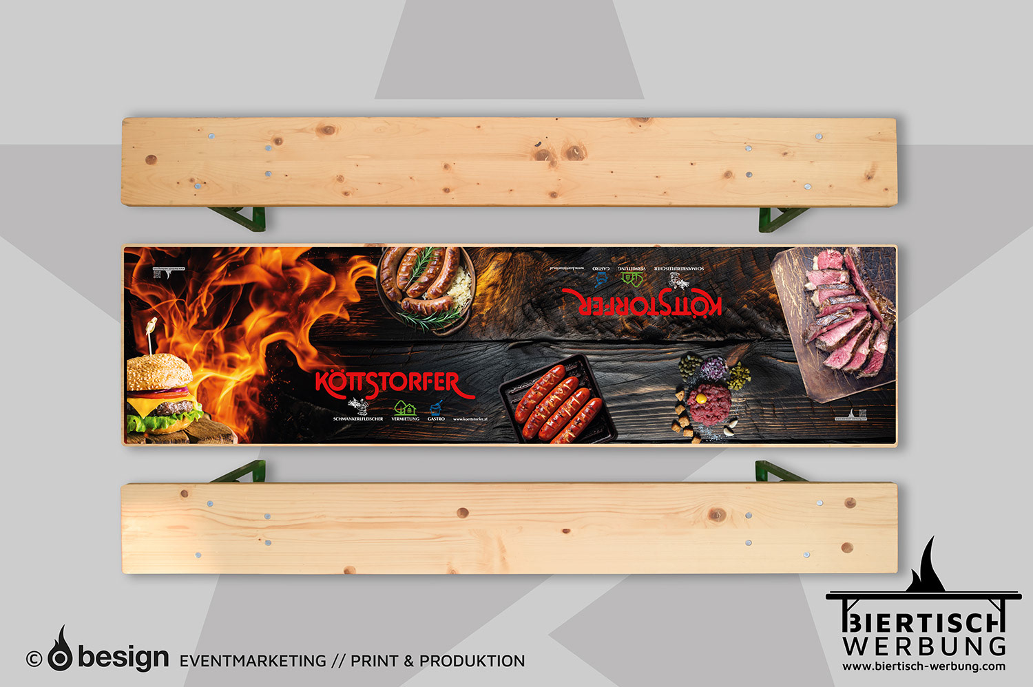 Draufsicht auf eine Biertischauflage mit Grillmotiven, einschließlich Steak, Bratwurst und Burger, für das Event des Köttstorfer Schmankerlfleischers.