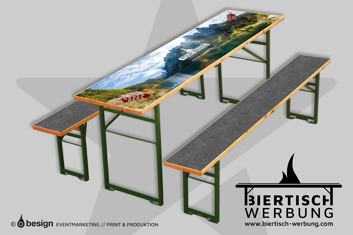 Biertischauflage mit Bergpanorama, Wasserfläche und grüner Landschaft – ideal für Events in Bergregionen oder am See..