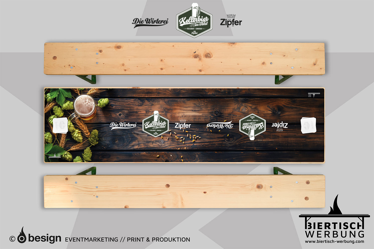 Bedruckte Biertischauflage mit rustikalem Holzdesign, Bierglas, Hopfendolden und Logos von Die Wirterei, Kellerbier und Zipfer – ideal für Gastronomie und Events.
