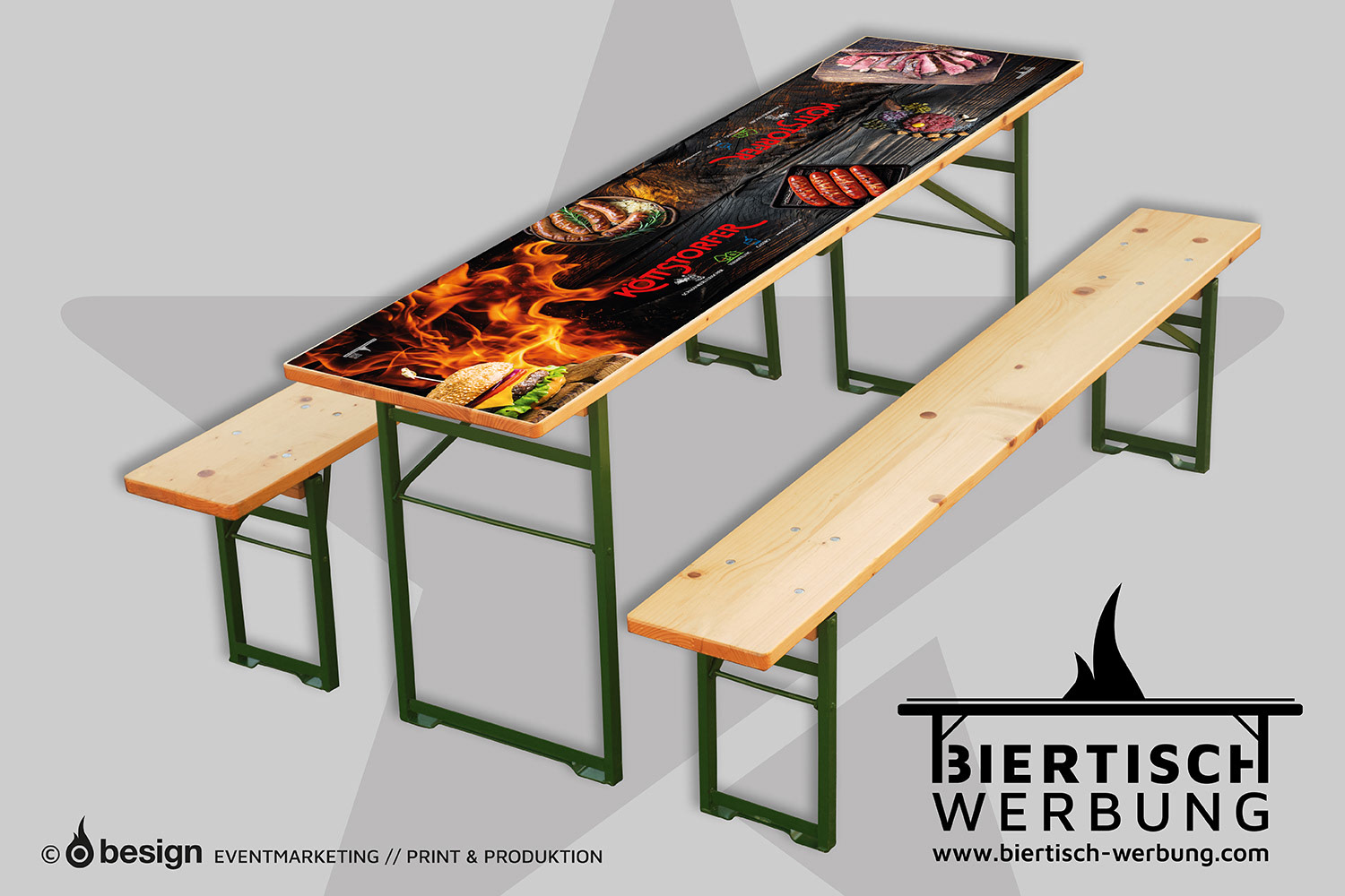 Perspektivische Ansicht eines Biertisches mit bedruckter Auflage, dekoriert mit Grillmotiven für das Köttstorfer Schmankerlfleischers Event.