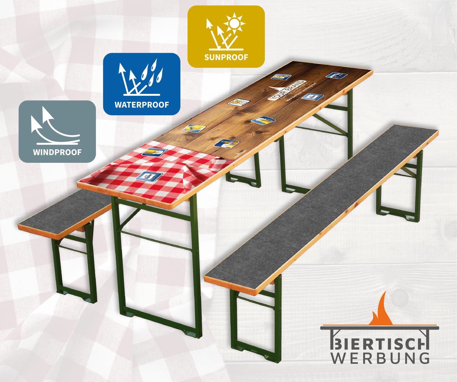 Biertischauflage mit strapazierfähigem Schutzlaminat, wetterfest und UV-beständig, schützt Tische und Bänke vor Kratzern und Abnutzung, verlängert ihre Lebensdauer.