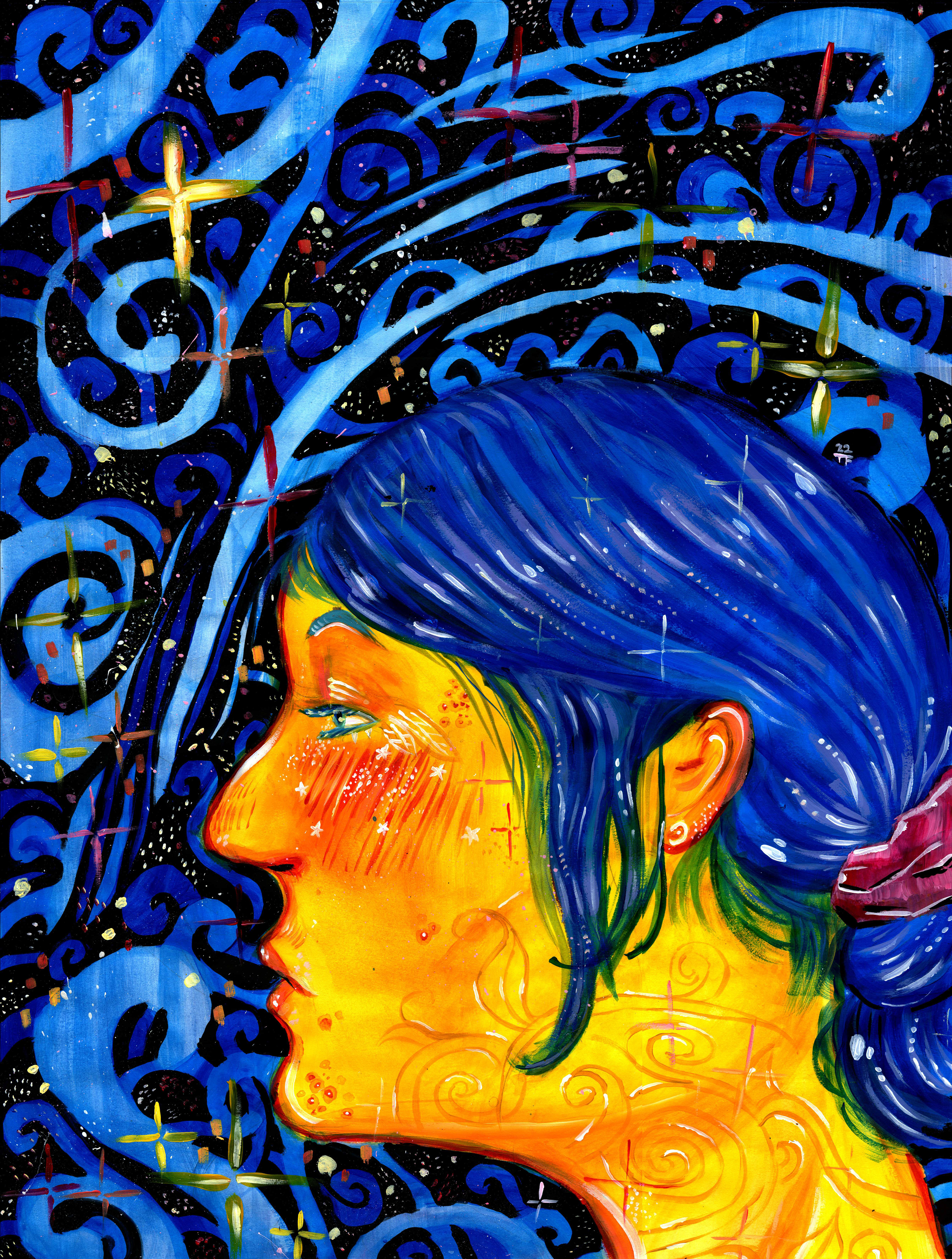 A self-portrait done in 2022 for an assignment. Made with acrylic paint.