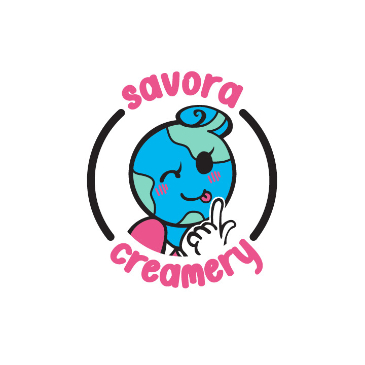 A vector logo for a fictional ice cream brand, designed in Spring 2025. The brand has "globally inspired flavors," which is expressed in the mascot's design.