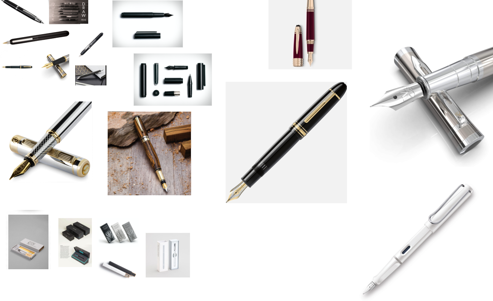 Image board of fountain pens and possible packaging ideas.