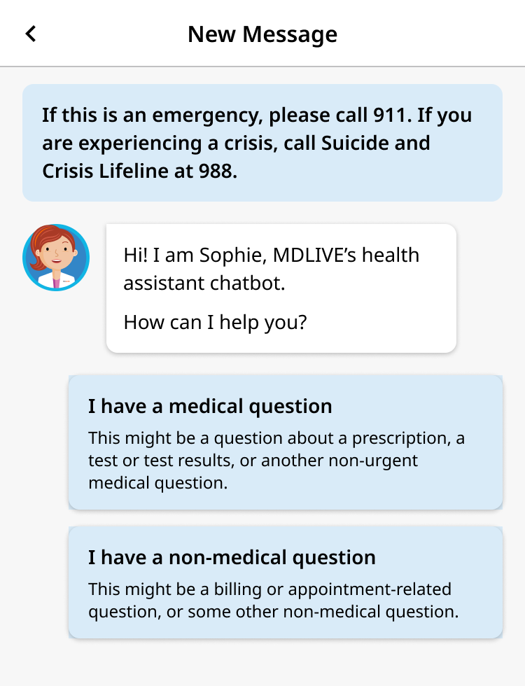 Image detailing MDLIVE's patient safety disclaimer during messaging experience