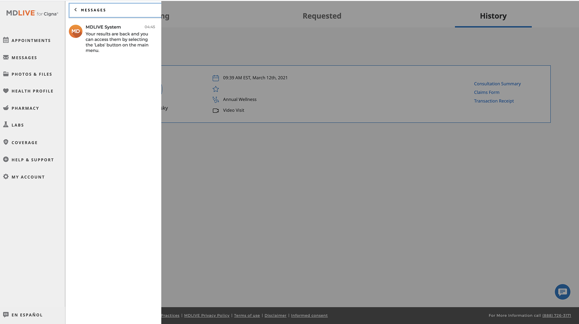 Image of a previous MDLIVE messaging interface