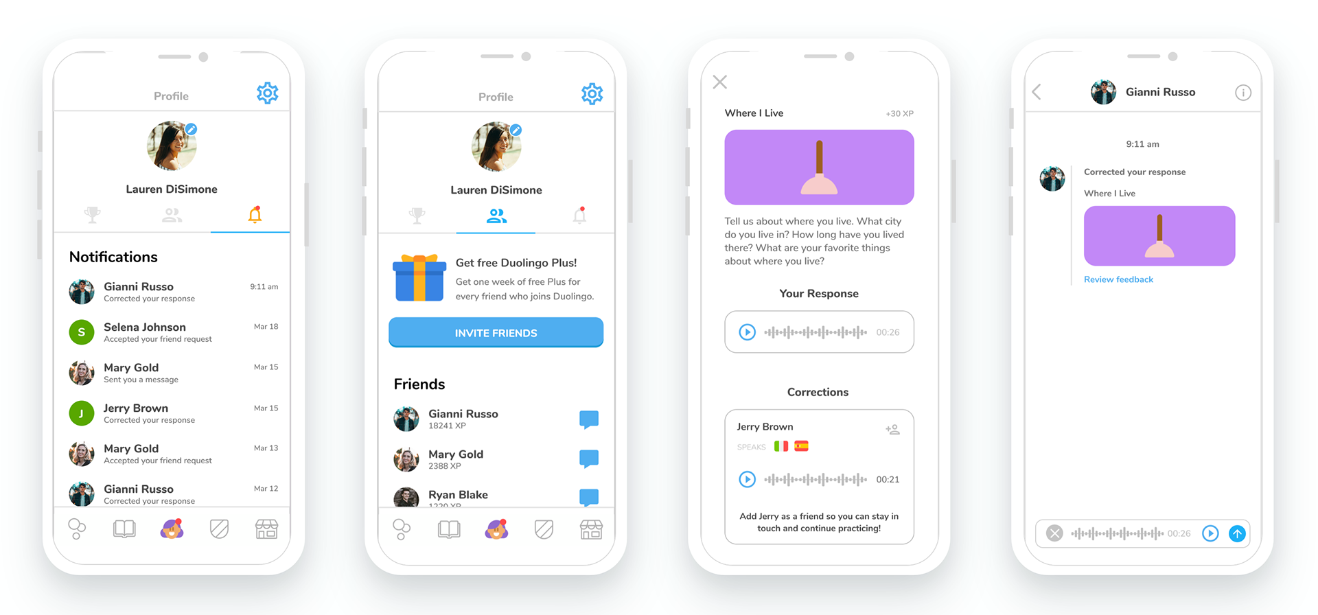 A variety of high-fidelity UI screens for a new conceptual Duolingo feature - 2 of 2