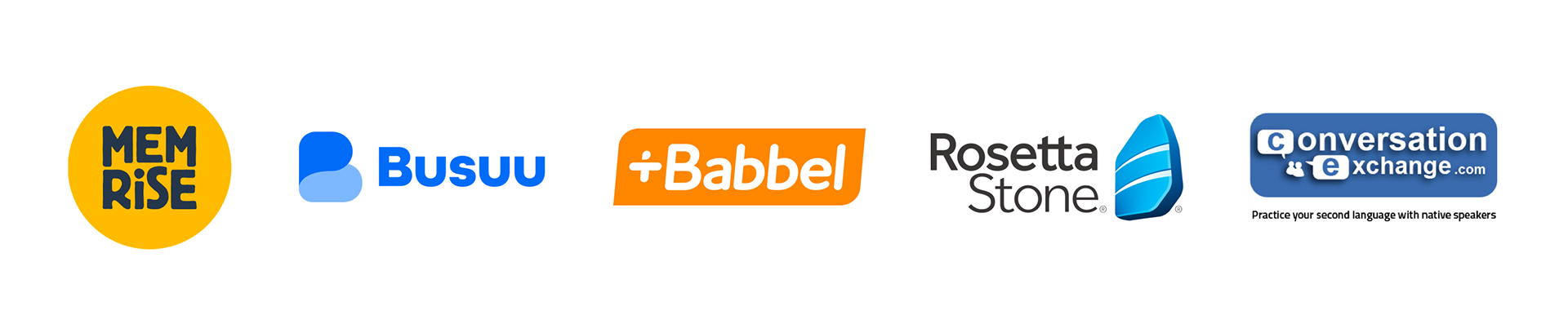 Logos of Memrise, Busuu, Babbel, Rosetta Stone, and Conversation Exchange, other language learning apps