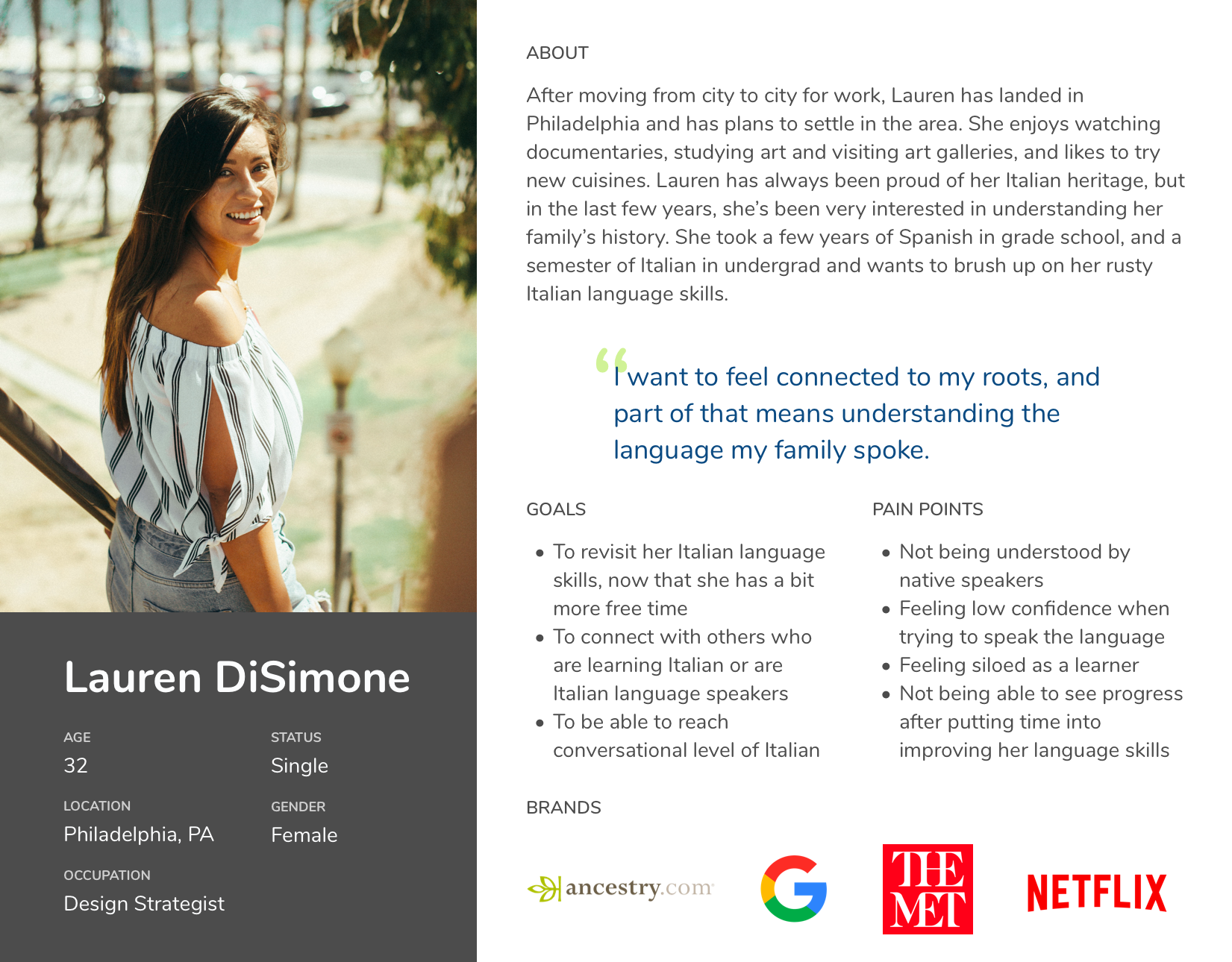 Image of a persona of Lauren DiSimone, a 32-year old language learner